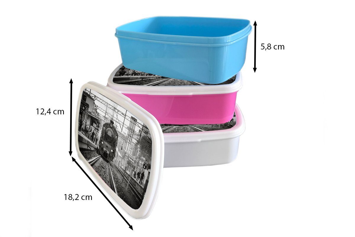 (2-tlg), einem eines Lunchbox in für Mädchen Schwarz-Weiß-Fotografie Brotbox für Erwachsene, Brotdose, und und MuchoWow Bahnhof, Jungs Dampfzuges Kunststoff, Kinder