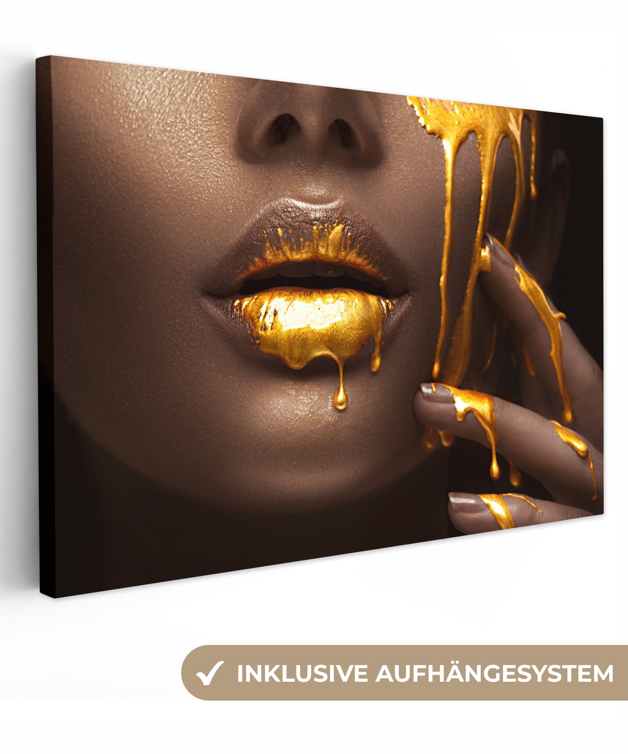 OneMillionCanvasses® Leinwandbild Gold - Frau - Farbe - Lippen - Luxus, Fot günstig online kaufen