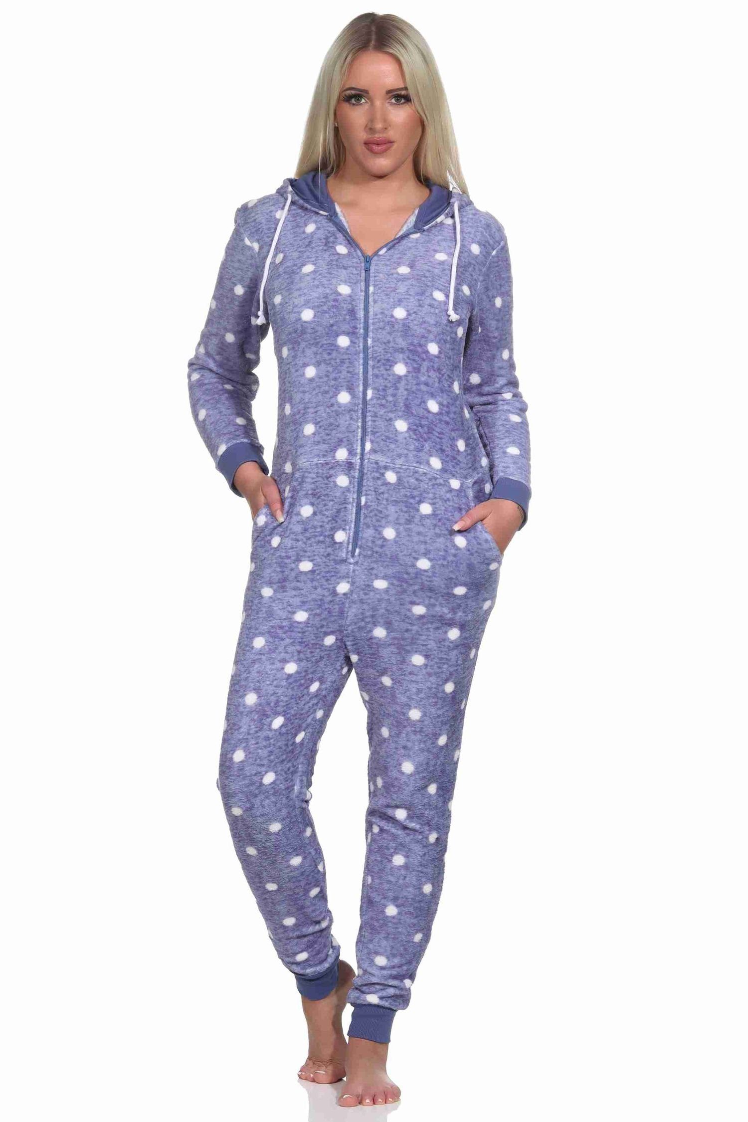 Punkte in Normann Pyjama Damen blau Schlafanzug Tupfen Kuschelig warmer Jumpsuit Optik