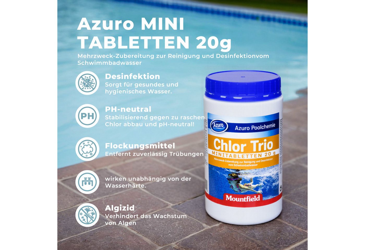 Thumbnail - Azuro Chlortabletten Mini Chlor Tabs 20g langsamlöslich Minitabletten, 0.9KG, (Desinfektion mit Langzeiteffekt, wirkt au...
