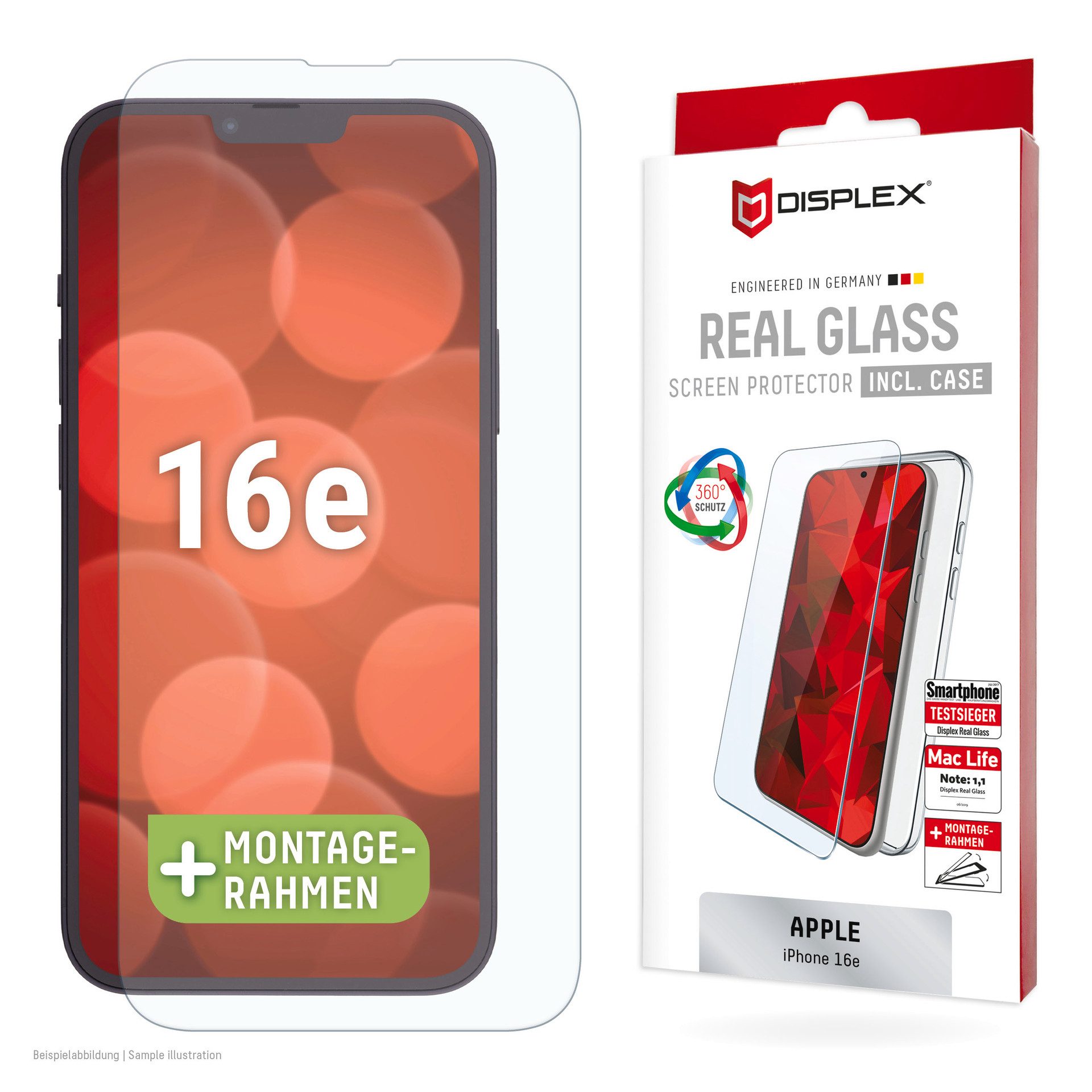 Displex Displayschutzglas Real Glass Screen Protector inkl. Case für Apple iPhone 16e, Displayschutzfolie, Schutzfolie, Bildschirmschutz, kratz- & stoßfest