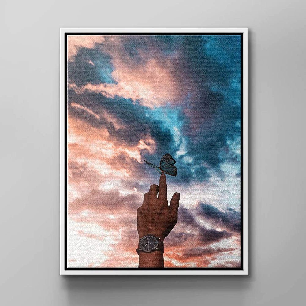 Leinwandbild himmel braun Rahmen Wandbild Beautiful Beau Schmetterling finger DOTCOMCANVAS® hand blau Butterfly, weißer Natur rosa