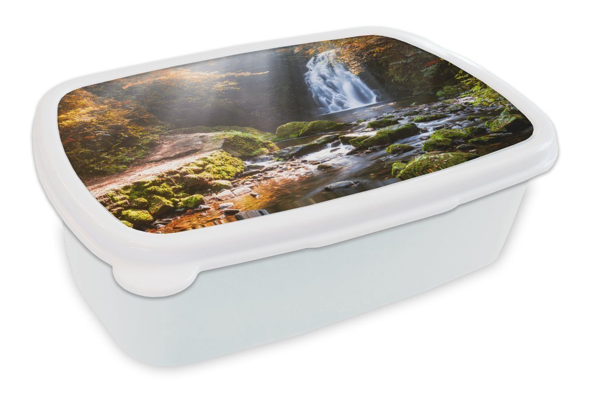 MuchoWow Lunchbox Wasserfall im Herbst, Kunststoff, (2-tlg), Brotbox für Kinder und Erwachsene, Brotdose, für Jungs und Mädchen weiß