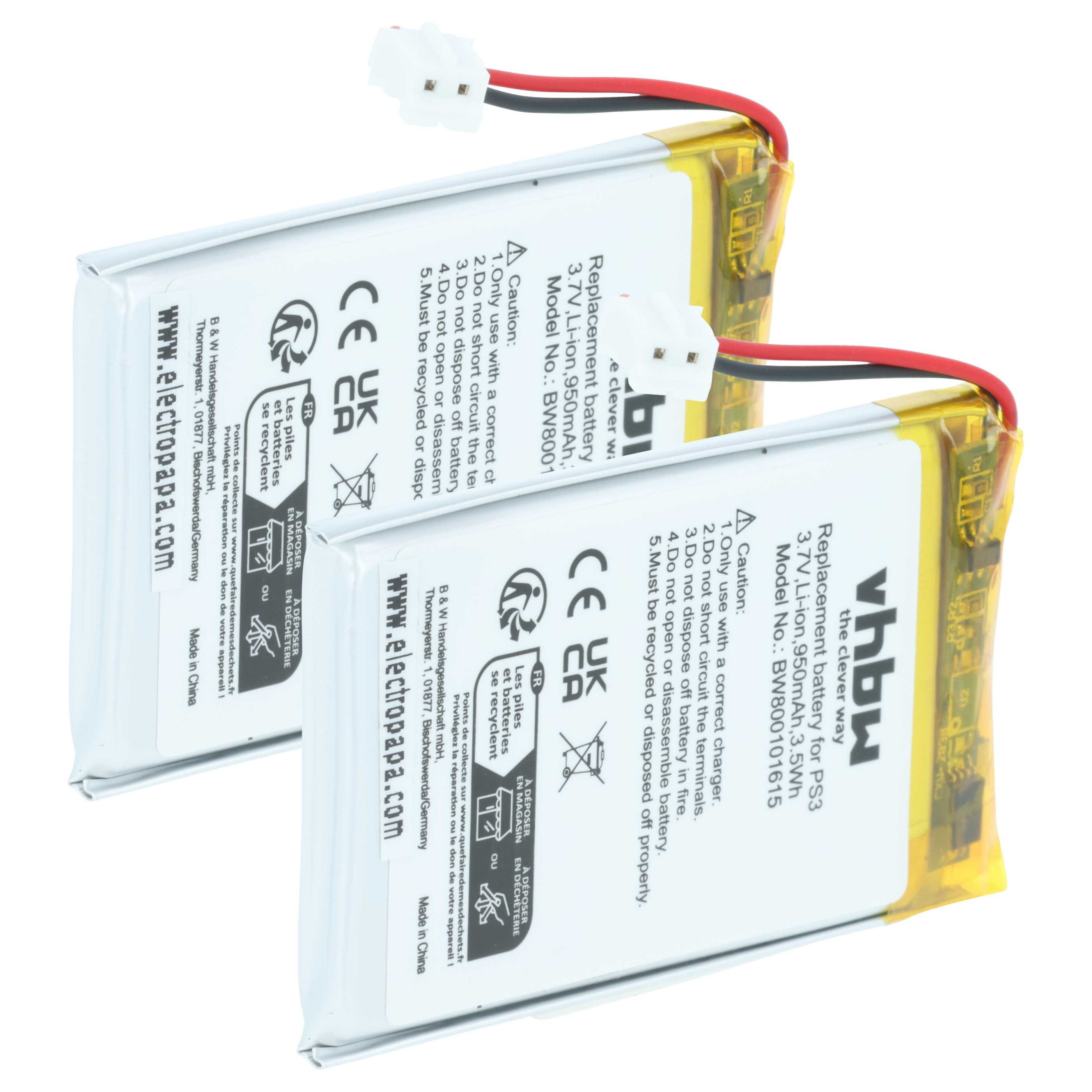 vhbw Akku passend für Sony Playstation3 PS3 DualShock 3 WiFi Controller, Akku Akku Li-Ion 950 mAh (3,7 V, 2 St), Leistungsfähige Austausch-Akkus für Gamepad Controller