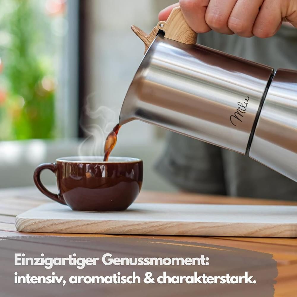 Milu Espressokocher, Edelstahl 2 Tassen, 100 ml, Holzoptik Griff, 7-tlg. Set