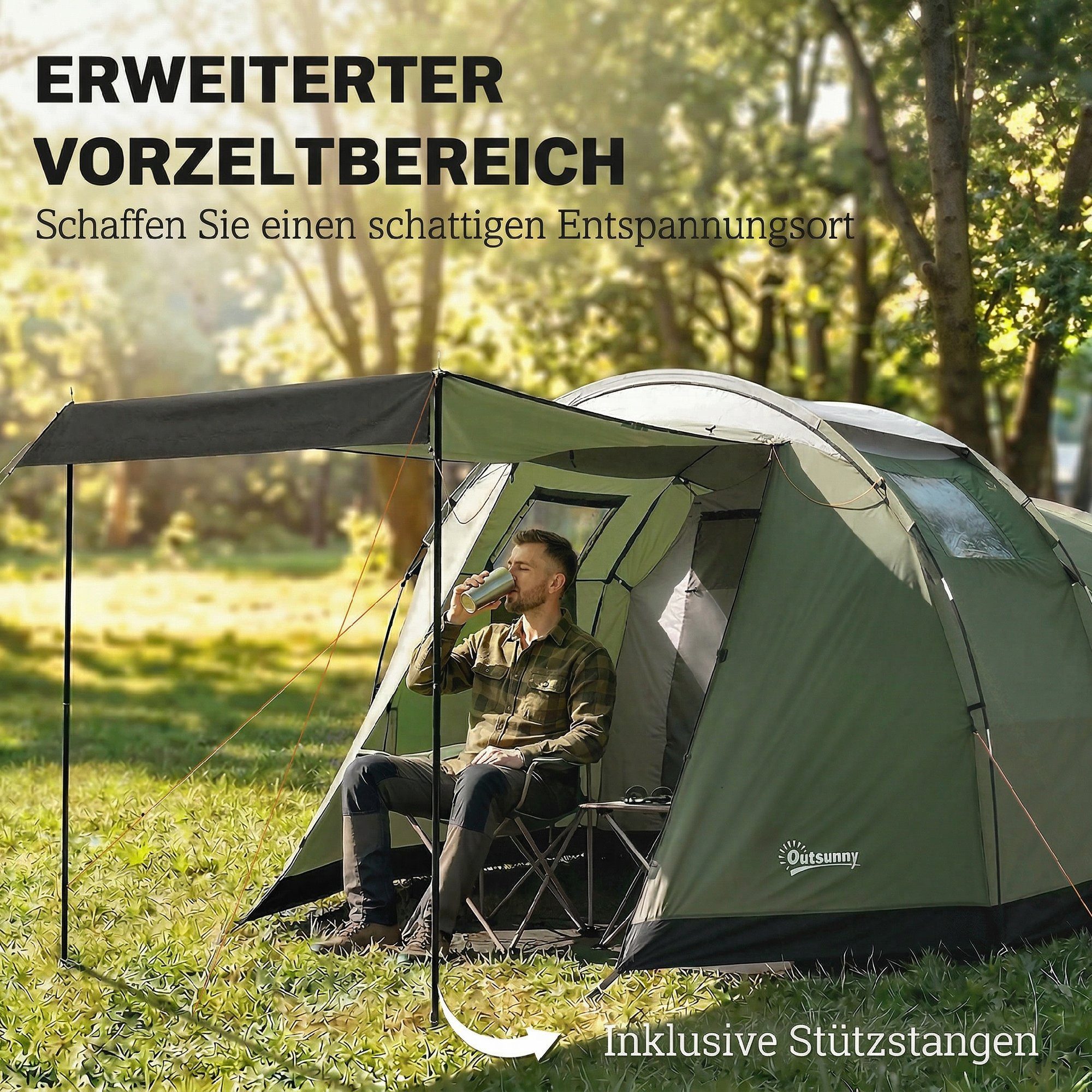 kowdom Tunnelzelt Campingzelt 3-4 Personen, 2-Raum, 3000 mm wasserdicht, mit Vorzelt, Personen: 4 (Campingzelt, Komplettzelt für 3-4 Personen mit Vorzelt), Familienzelt, 3000 mm Wassersäule, Windstufe 6, Vorzelt, 3-4 Personen