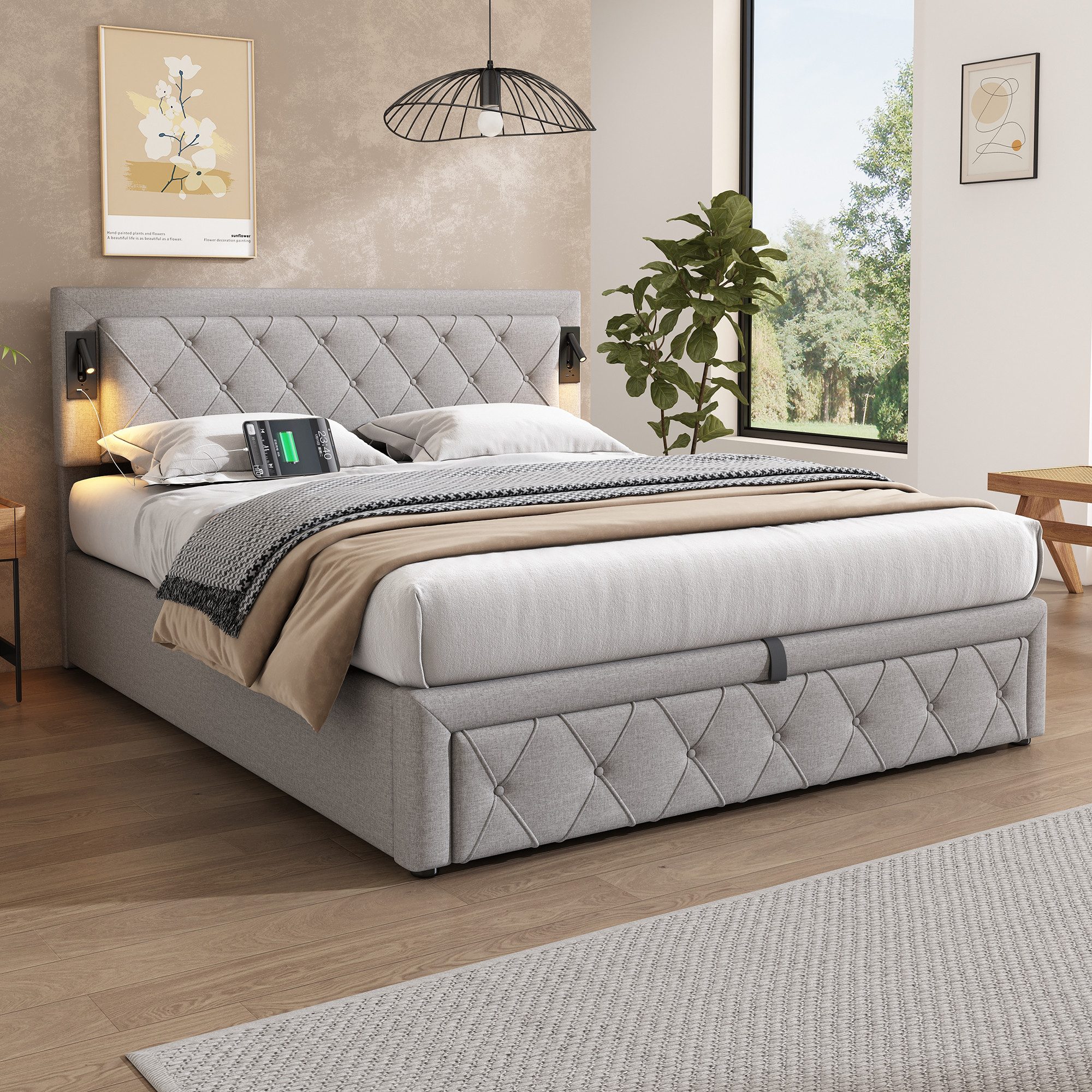MODFU Polsterbett Modernes Komfortbett mit Downlight & USB (hydraulisches Doppelbett, 1-tlg., 160x200cm, Stauraum, Grau( ohne Matratze), Rauten-Kopfteil, Holz-Lattenrost, hydraulisch