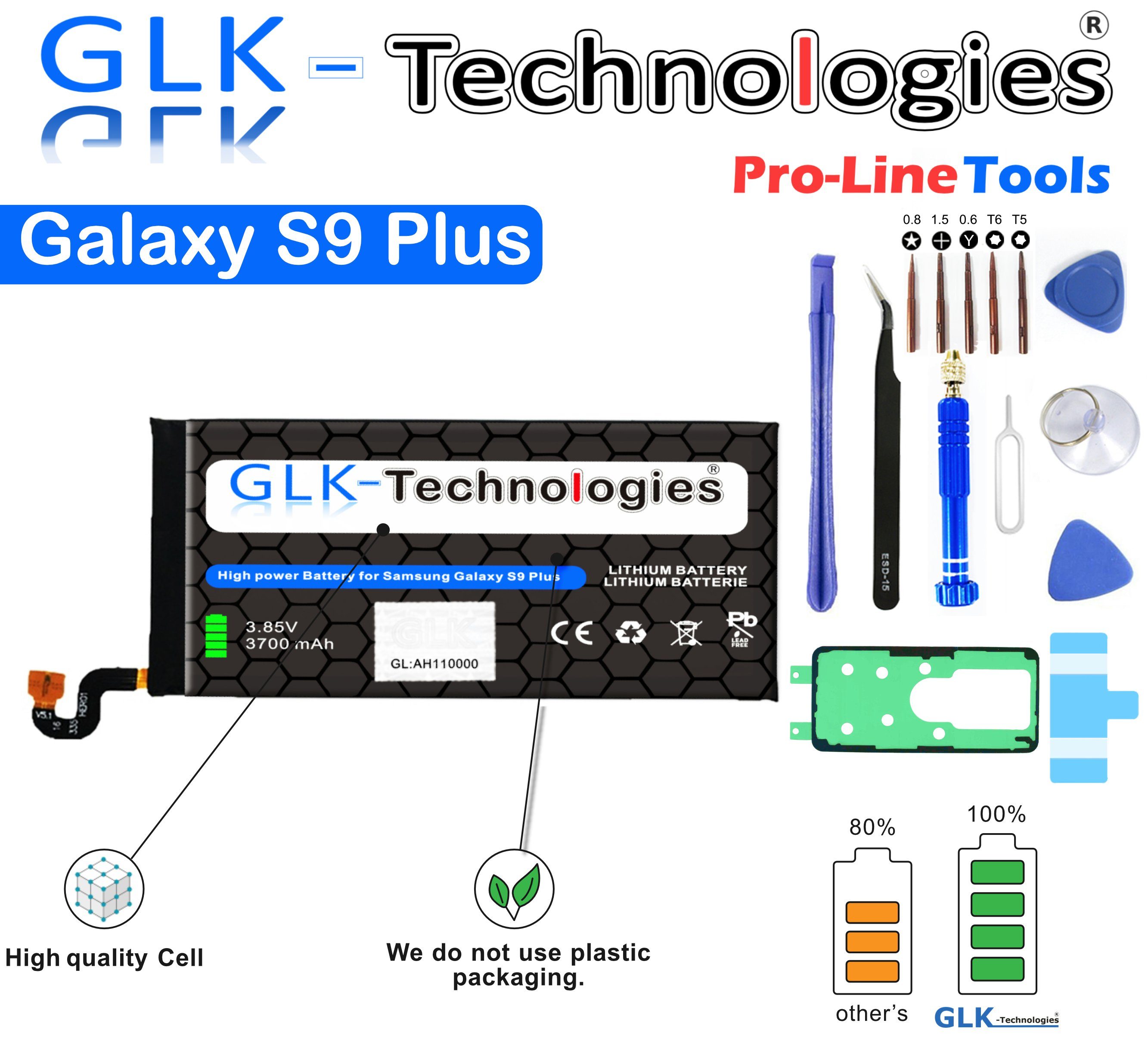 GLK-Technologies High Power Ersatzakku kompatibe mit Samsung Galaxy S9 + Plus SM-G965F EB-BG965ABA Smartphone-Akku 3700 mAh