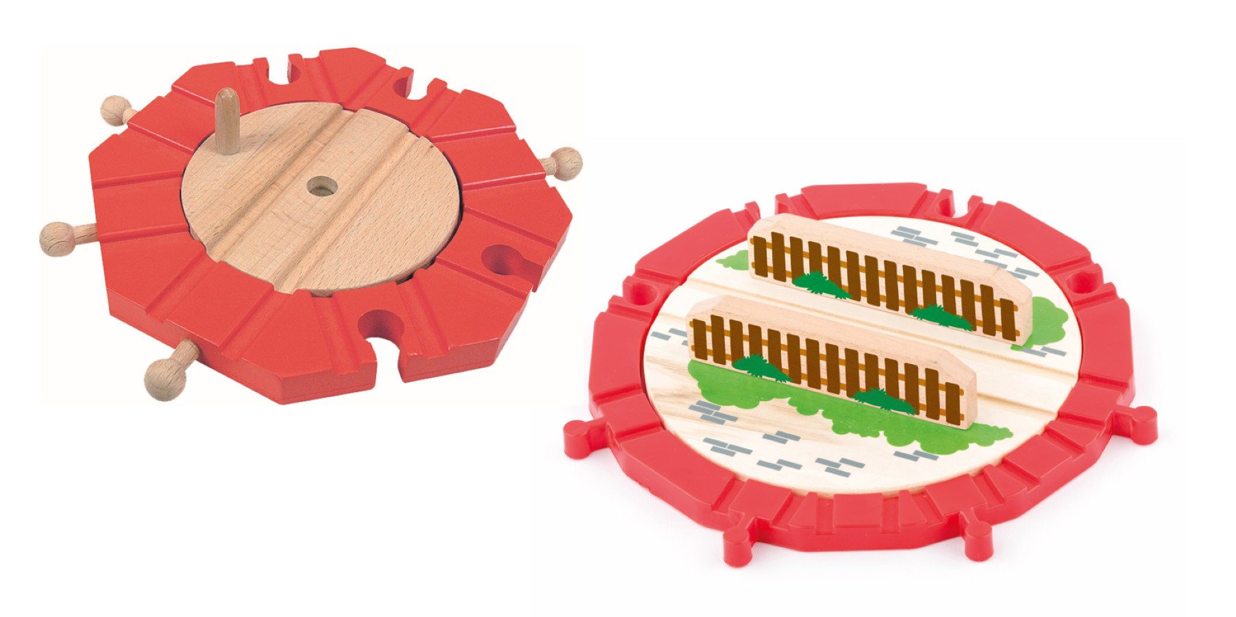 Woodyland Lernspielzeug Zubehörset Holzeisenbahn. 4 Wege Verteiler + Drehscheibe /Zugverteiler (2-St), Spielset aus Vier-Wege-Zug-Drehscheibe und Acht-Wege-Zugverteiler