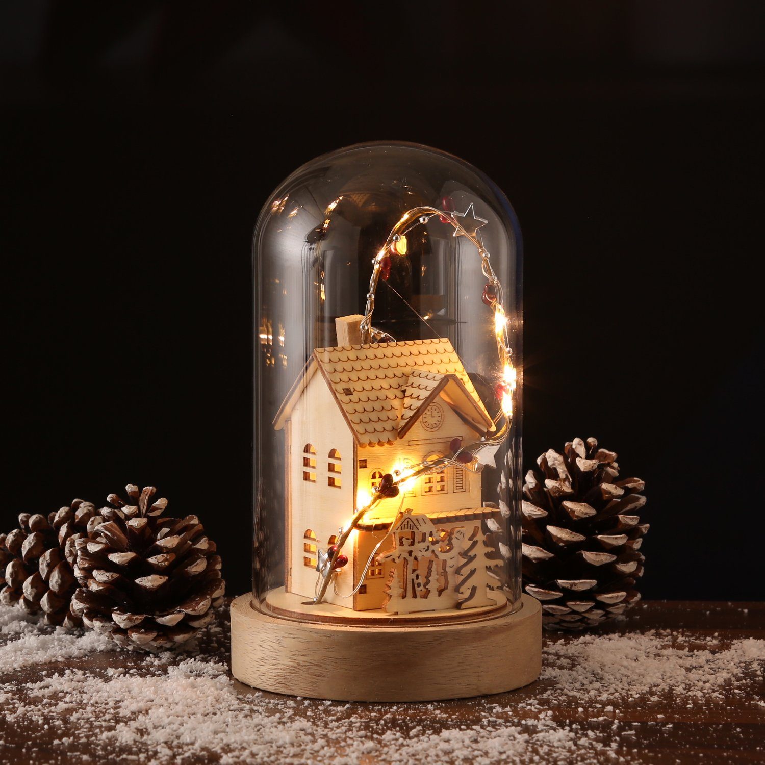 MARELIDA LED Dekoobjekt LED Deko in Glaskuppel beleuchtet Holzhaus  Weihnachtsdeko 10 LED H: 20cm natur, LED Classic, warmweiß (2100K bis 3000K)
