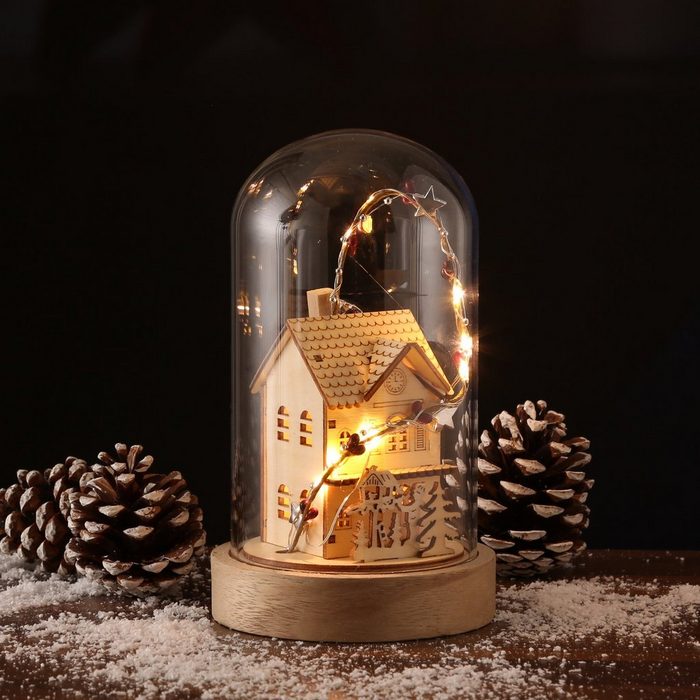 MARELIDA LED Dekoobjekt LED Deko in Glaskuppel beleuchtet Holzhaus Weihnachtsdeko 10 LED H: 20cm natur LED Classic warmweiß (2100K bis 3000K)