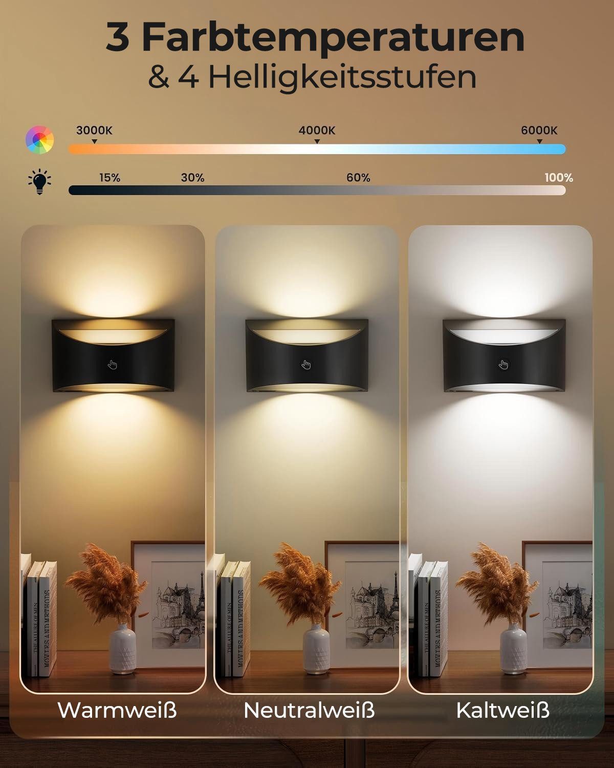 Futicare LED Wandleuchte für Innen, LED Wandleuchte kabellos magnetisch, 3 Farben dimmbar, (3000K, 4000K, 6000K),LED-Leuchtmittel fest verbaut, Akku-Lampe mit F – Bild 5 von 5