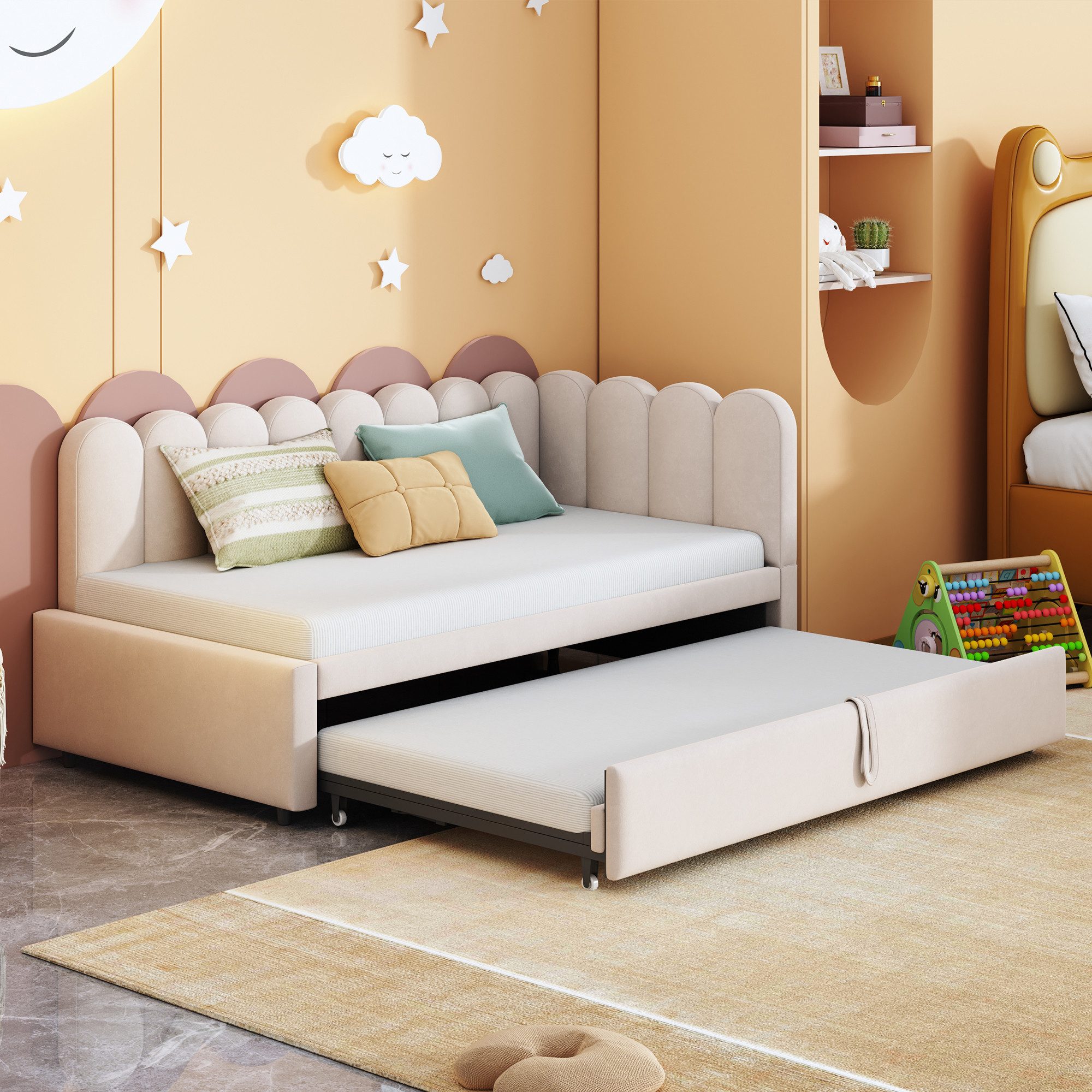 MODFU Schlafsofa 2-in-1 Funktionsbett, L-Form, Samt-Polsterbett, multifunktional als Kinderbett oder Gästebett nutzbar 90/180x200 cm, ohne Matratze