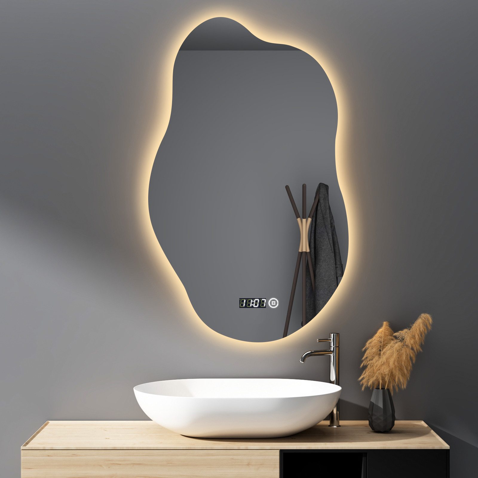 WDWRITTI Badspiegel mit beleuchtung und Uhr LED Spiegel Bad 3Lichtmodi Dimm günstig online kaufen