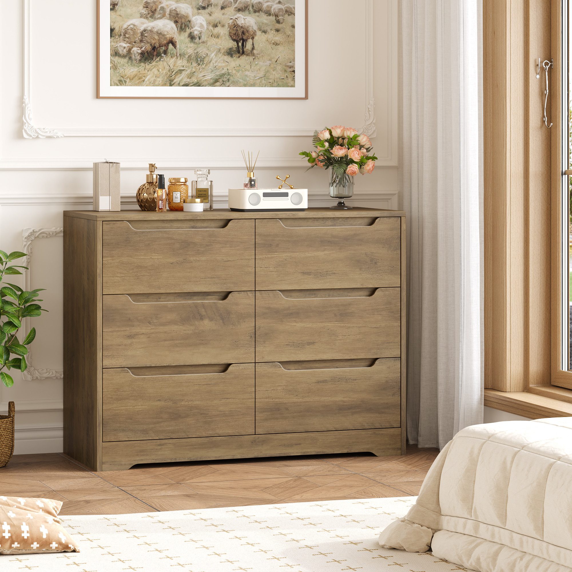 HOMECHO Kommode, Sideboard mit 6 Schubladen, Komodenschrank aus Holz