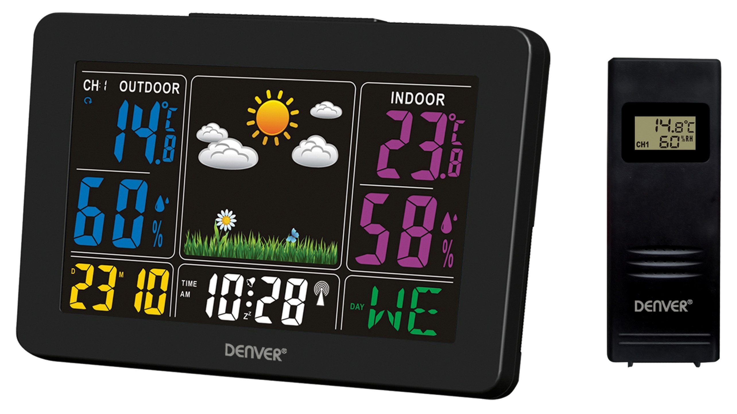 Denver WS-540 Funkwetterstation (Wetterstation mit Uhr und Kalender- Funktion, farbiges Display)