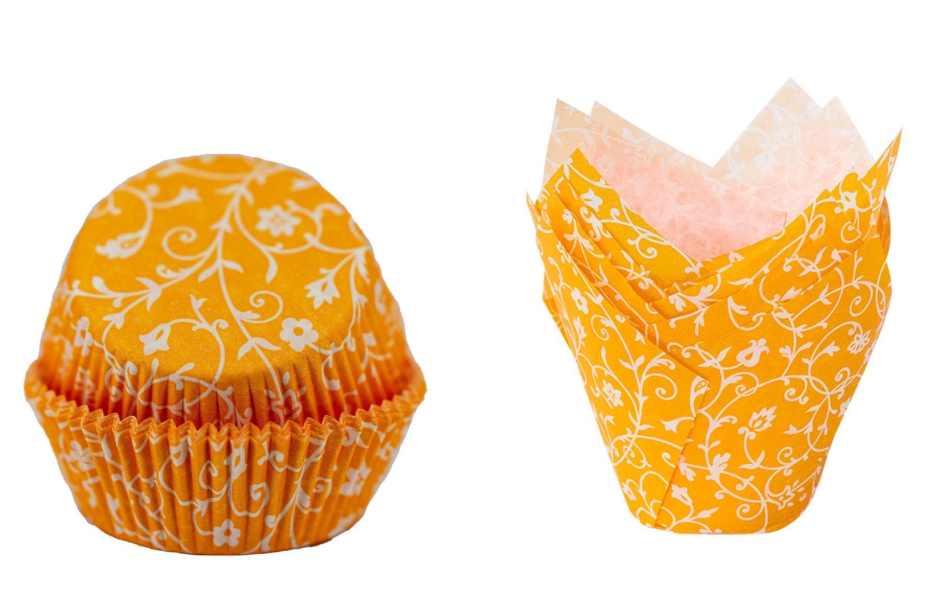 Demmler Muffinform & (Orange) Set Tulip-Wraps mit - mit weißem Mango Papier Muster, Backform Made in Germany Muffinförmchen