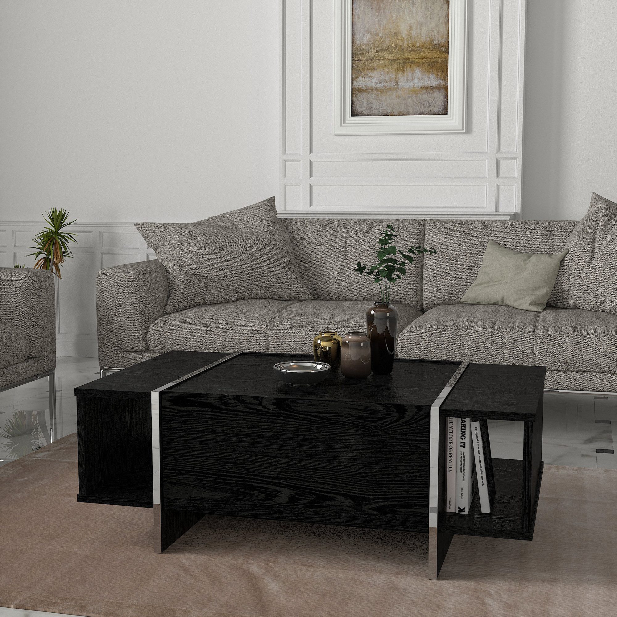 en.casa Couchtisch, »Tavak« 104 x 60 x 38 cm mit Stauraum Schwarz/Silber
