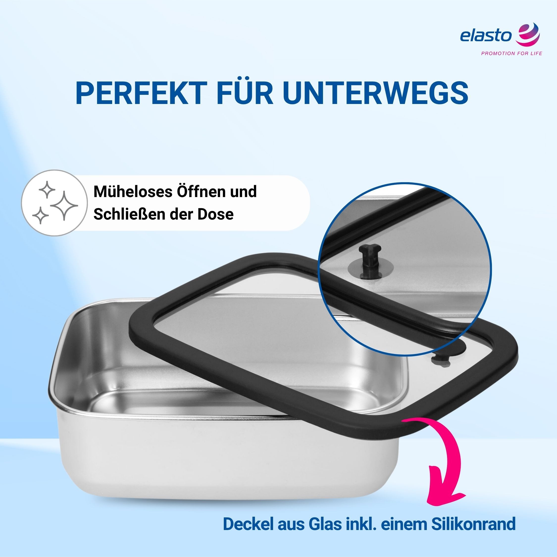 elasto Lunchbox Edelstahl Box mit Glasdeckel 550 ml auslaufsichere Brotdose Edelstahl