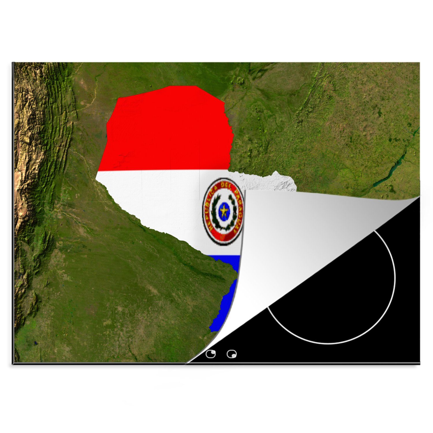 MuchoWow Herdblende-/Abdeckplatte Ein Satellitenbild von Paraguay mit der Flagge des Landes darüber, Vinyl, (1 tlg), 70x52 cm, Mobile Arbeitsfläche nutzbar, Ceranfeldabdeckung