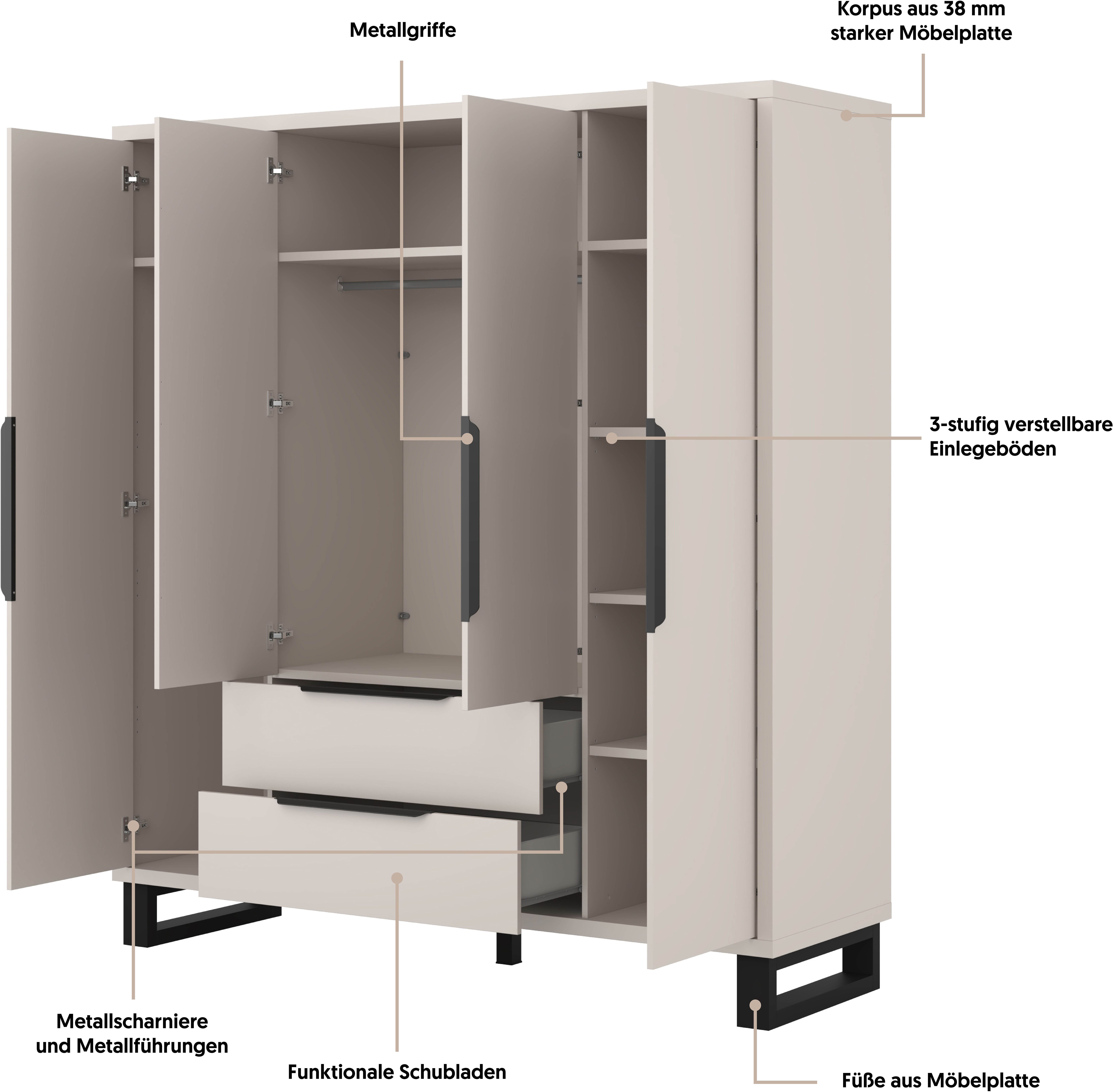 Home affaire Drehtürenschrank Bronne,Breite 191 cm, Kleiderschrank inclusive Innenausstattung Kleiderschrank, 2 Schubkästen, Metallgriffe, Garderobe