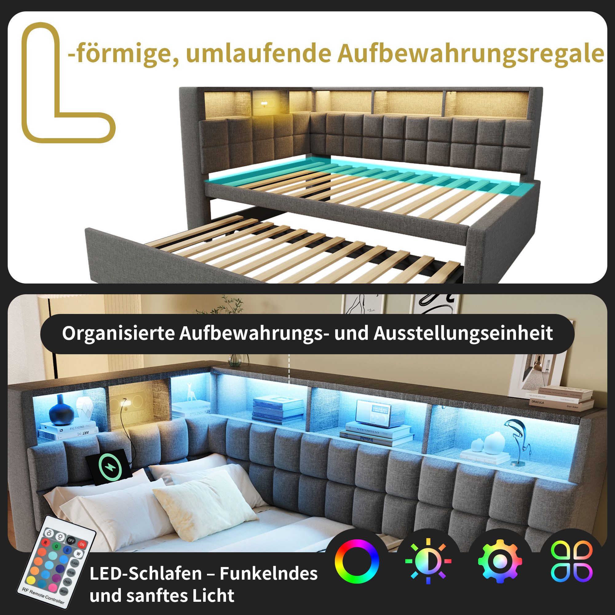 Odikalo Schlafsofa Schlafcouch Tagesbett 90x200 mit LED, Leinen Polsterbett 90x200 mit Ausziehbett 90x190, LED, Bluetooth-Lautsprecher, USB & Type-C Ladeanschluss, L-Kopfteil mit Stauraumregal, Schlafsofa/Gästebett, Beige / Grau, ohne Matratze