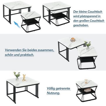 OKWISH Couchtisch und 2er Set, Beistelltisch (PVC in Marmoroptik, schwarz matt Stahlrohre), 2 Tische mit den Maßen