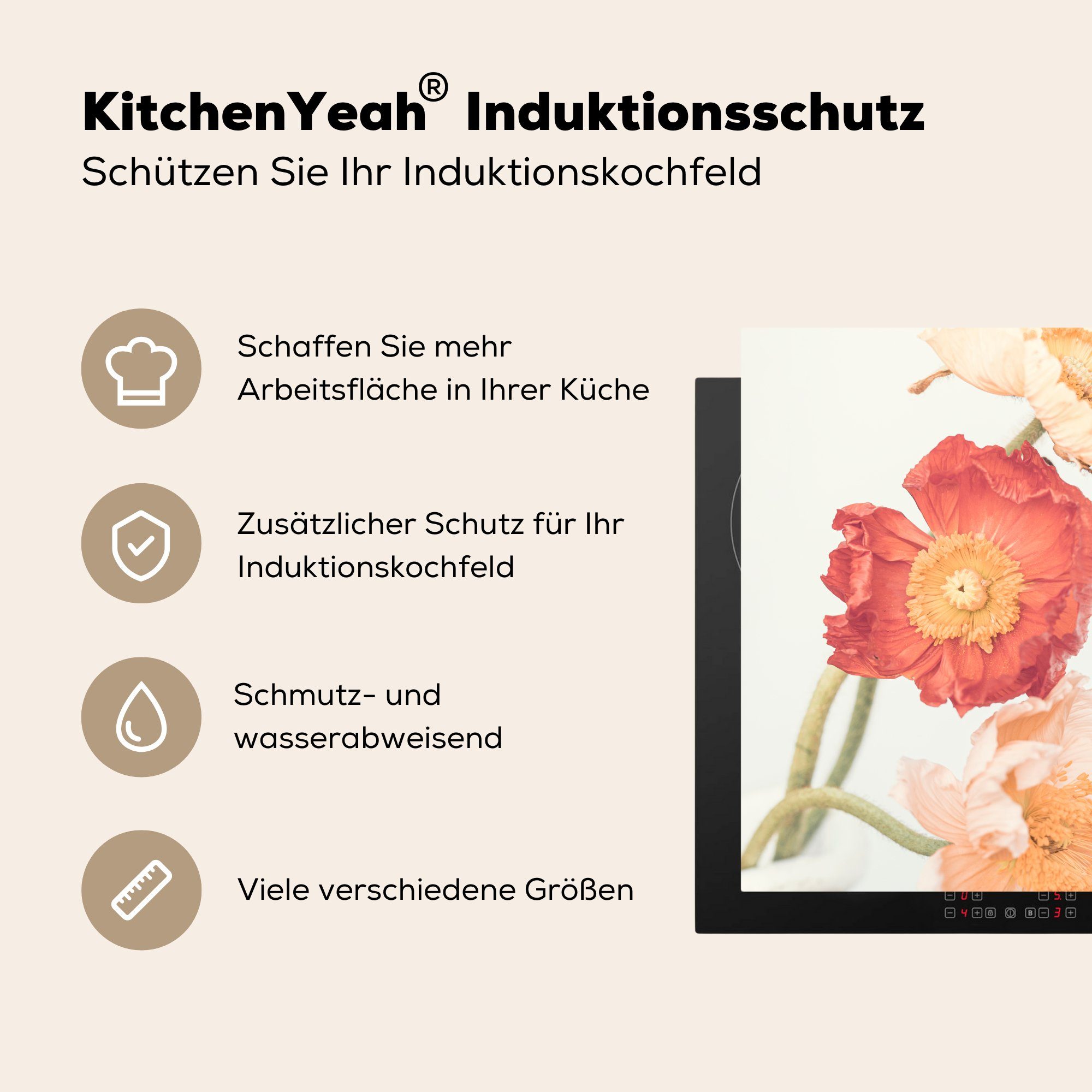 Herdblende-/Abdeckplatte - - Pflanzen, MuchoWow Arbeitsplatte küche Ceranfeldabdeckung, Rot 78x78 tlg), (1 Natur Blumen für Vinyl, cm, -