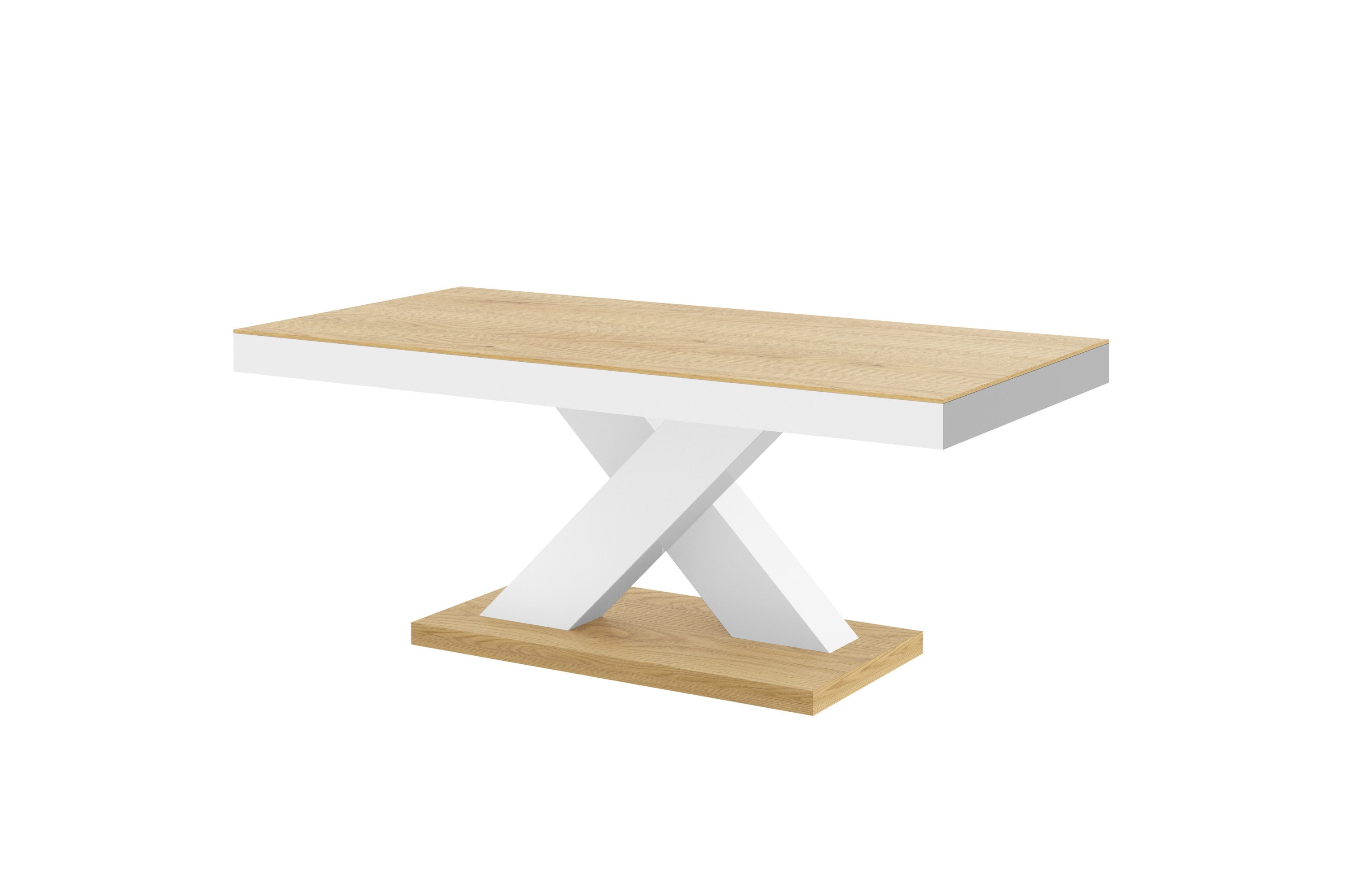 designimpex Couchtisch H-888 Eiche Natur - Weiß Hochglanz Highgloss Tisch Wohnzimmertisch