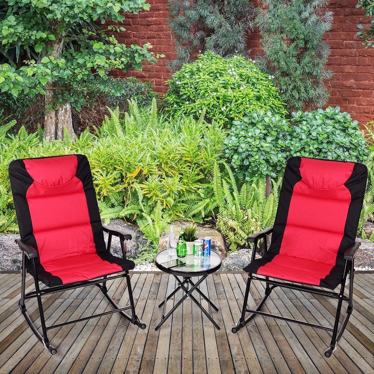 KOMFOTTEU Schaukelstuhl Set rot Beistelltisch, mit Outdoor-Gartenmöbel-Set