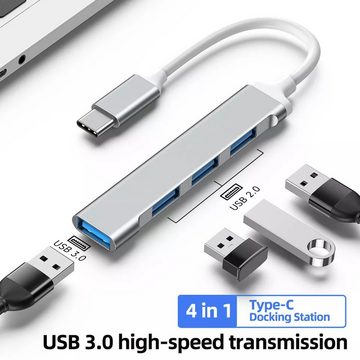 Alpha Electronics USB Verteiler USB-Adapter USB-C zu USB 3.0 Typ A, Standard-USB, 8 cm, 4in1 Splitter, für Laptop und andere Typ- C- Geräte