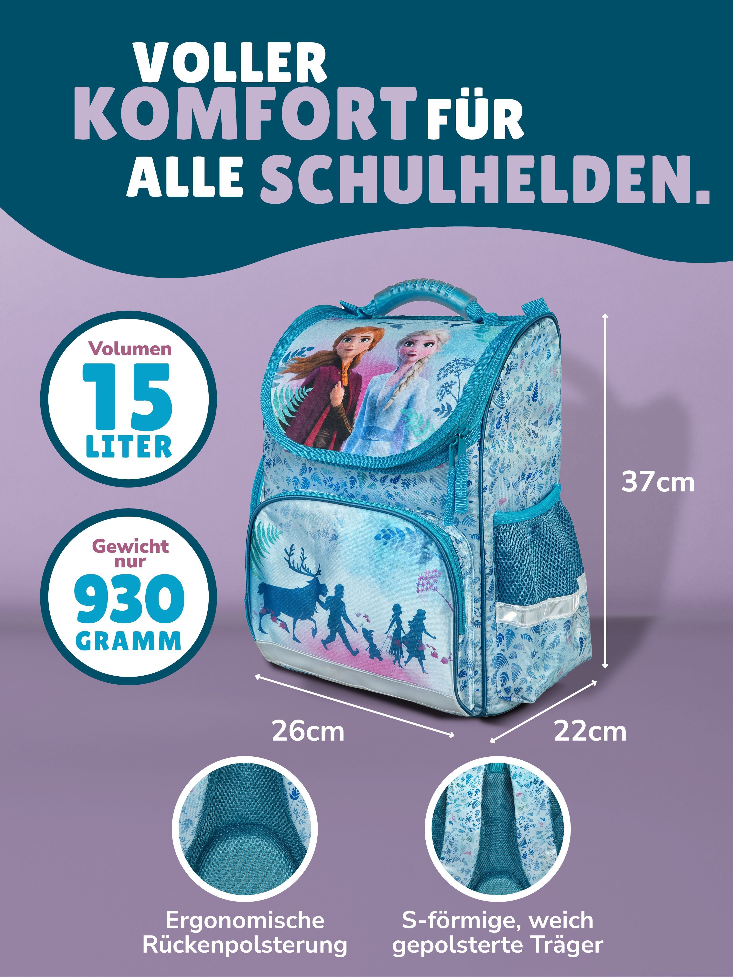 Familando Schulranzen Clou Schultasche Frozen Die Eiskönigin, blau - ab 1. Klasse (Grund-Set, 5-tlg., mit Federmappe, Turn- & Geldbeutel), mit Anna und Elsa