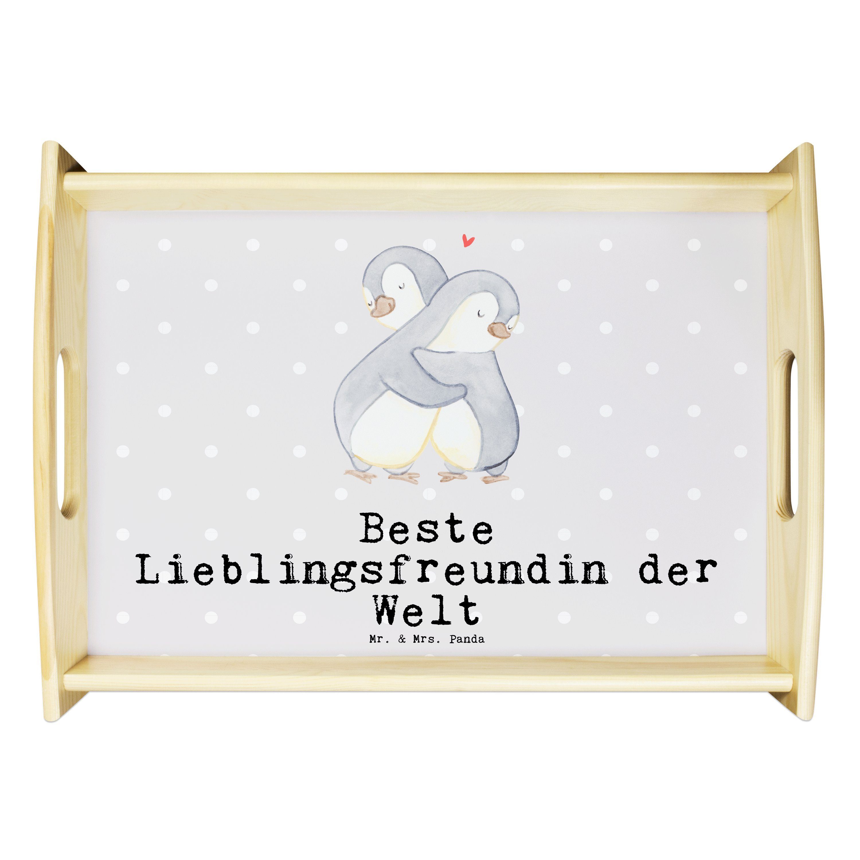 Mr. & Mrs. Panda Tablett Pinguin Beste Lieblingsfreundin der Welt - Grau Pastell - Geschenk, G, Echtholz lasiert, (1-tlg)
