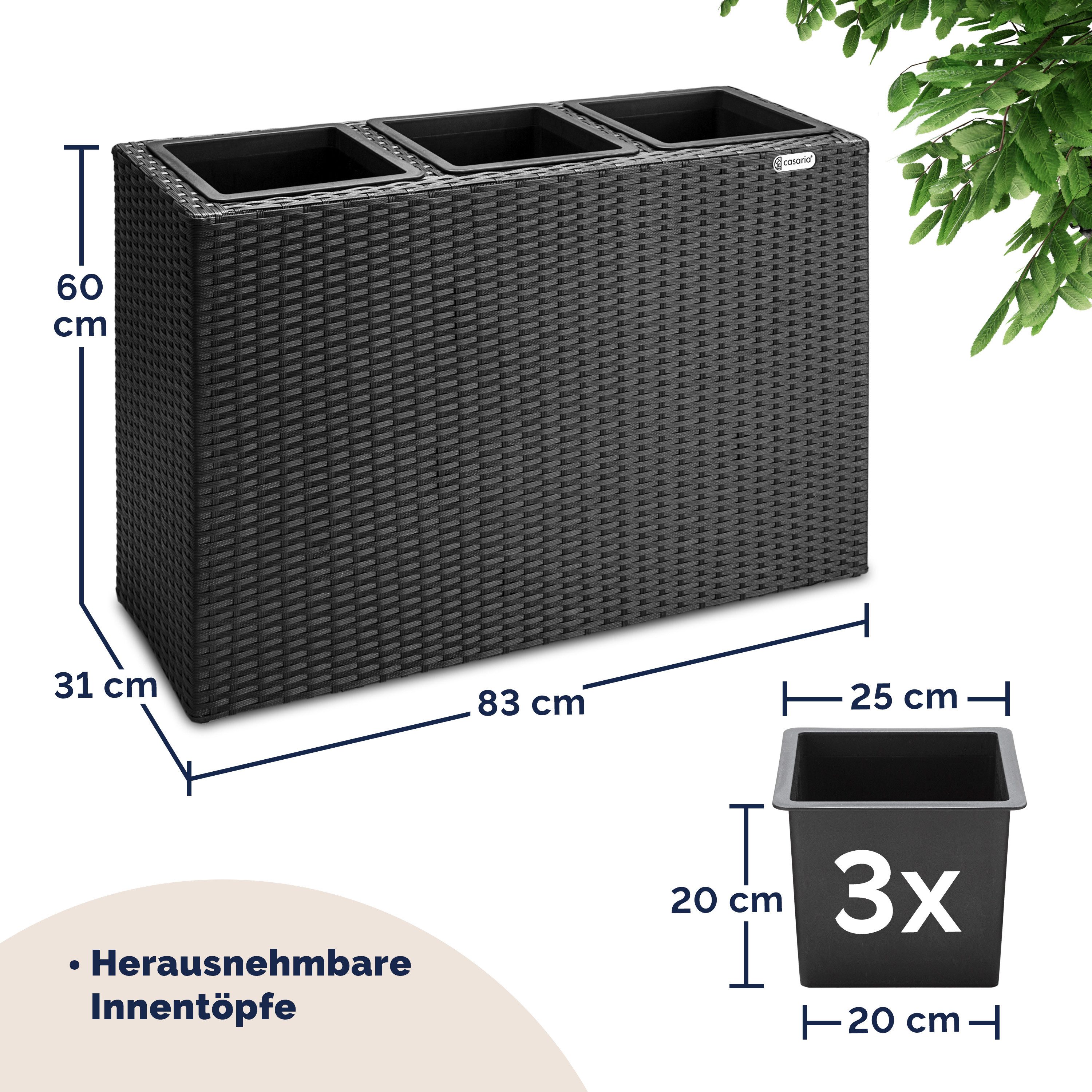Casaria Pflanzkübel, 3 Innentöpfe Herausnehmbar Polyrattan 83x30,5x60cm Blumentopf Schwarz