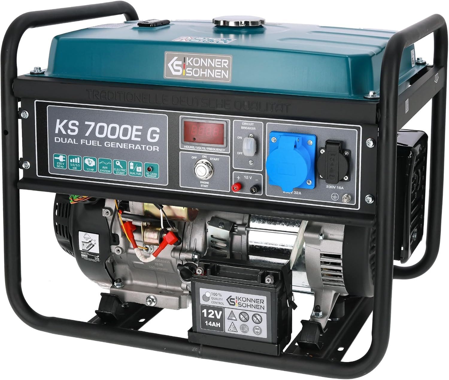Könner & Söhnen Stromerzeuger KS 7000E G, 5,50 in kW, (4-Takt, Kupfer,Steckdosen 1x16A (230V),1x32A (230V), 1-tlg., E-Start, Automatischer Spannungsregler), Automatischer Spannungsregler, Anzeige (Volt, Hz)