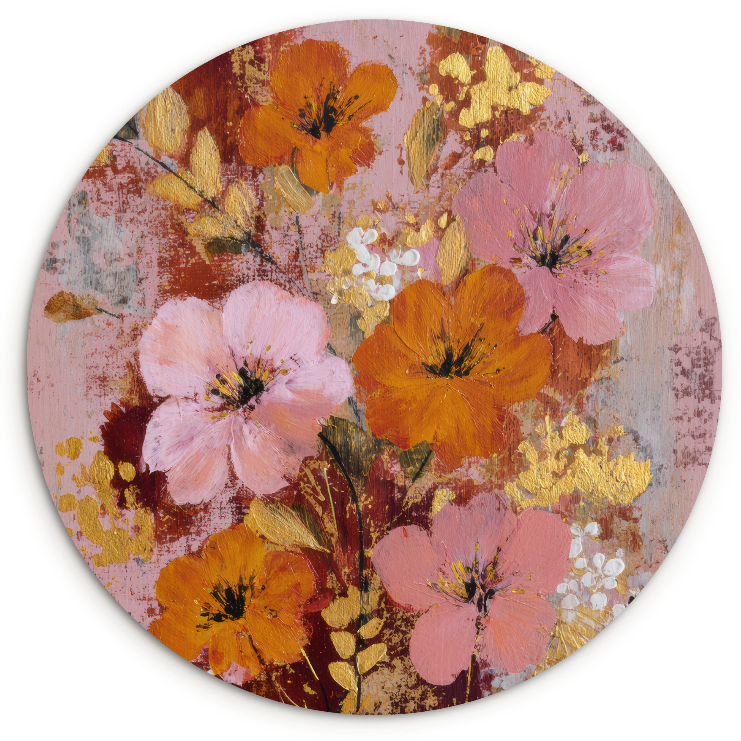 MuchoWow Gemälde Malerei - Blumen - Rustikal - Rosa, Fotodruck (1 St), Kreis Wanddekoration, Rundes Wandbild, 30x30 cm