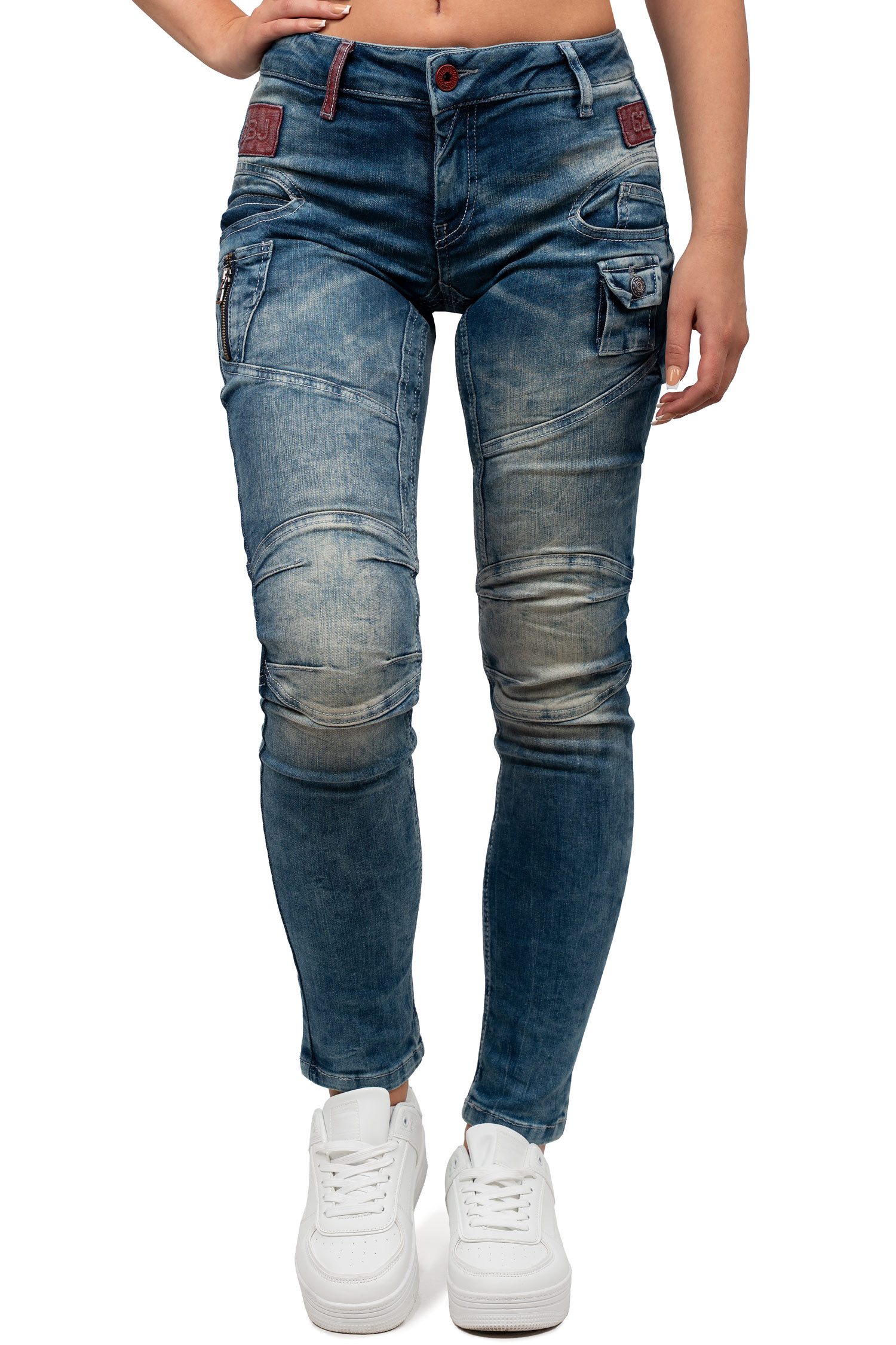 Cipo & Baxx Slim-fit-Jeans Damen Slim Fit Hose Stonewashed BA-WD358 mit modischen Ziernähten & Zier-Reißverschlüssen