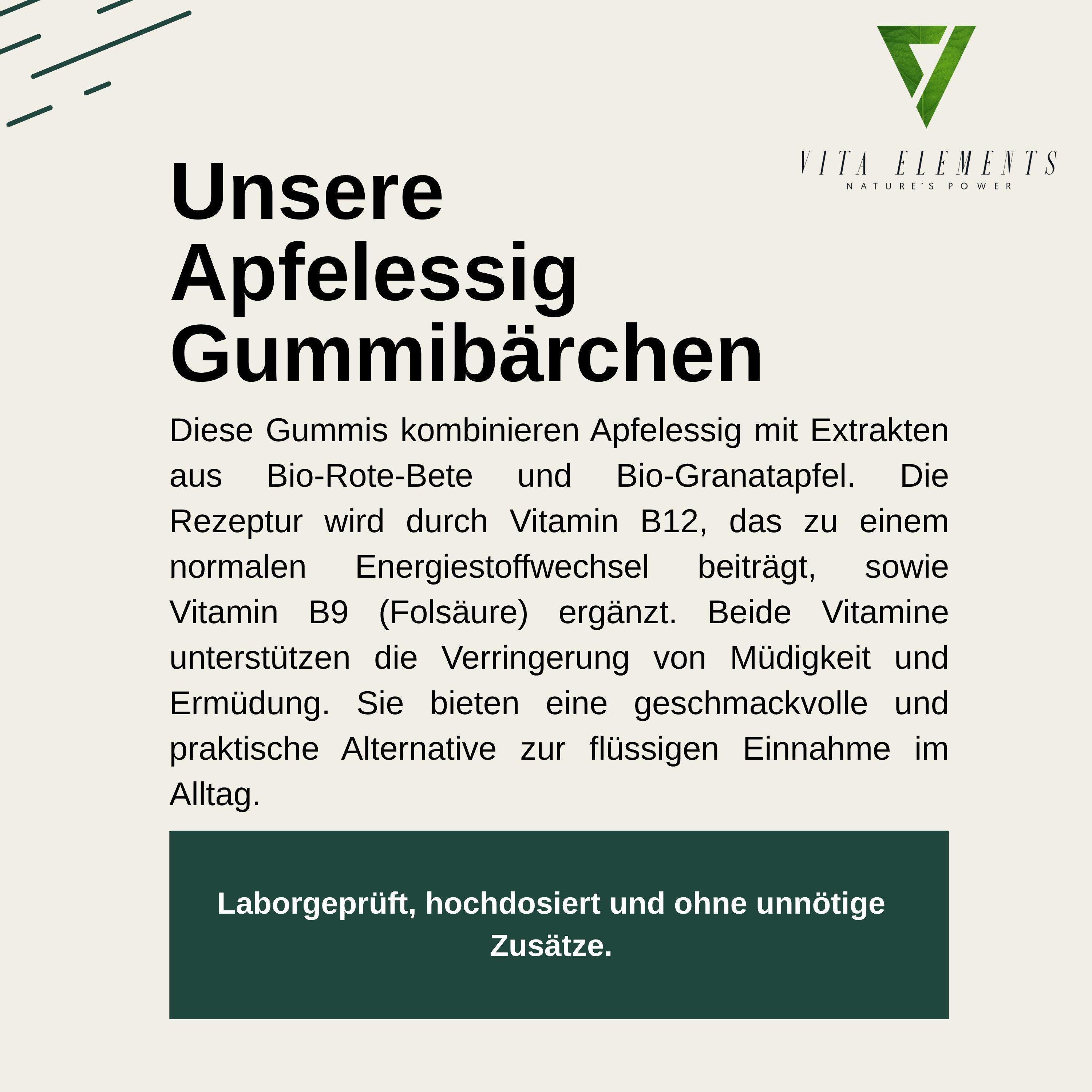 Vita Elements Apfelessig Gummibärchen, 60 St., Vegan ohne Gentechnik und Laborgeprüft in Deutschland Gummies