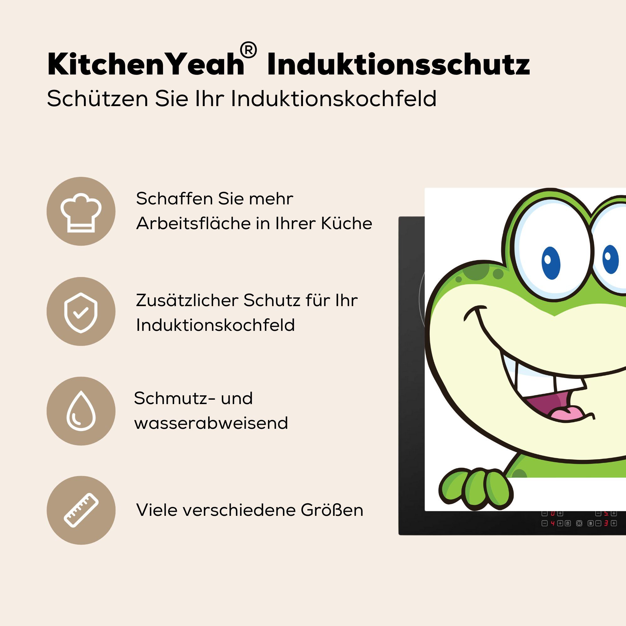 Herdblende-/Abdeckplatte Vinyl, küche (1 78x78 tlg), Animation MuchoWow Arbeitsplatte Frosches, für cm, Ceranfeldabdeckung, eines glücklichen