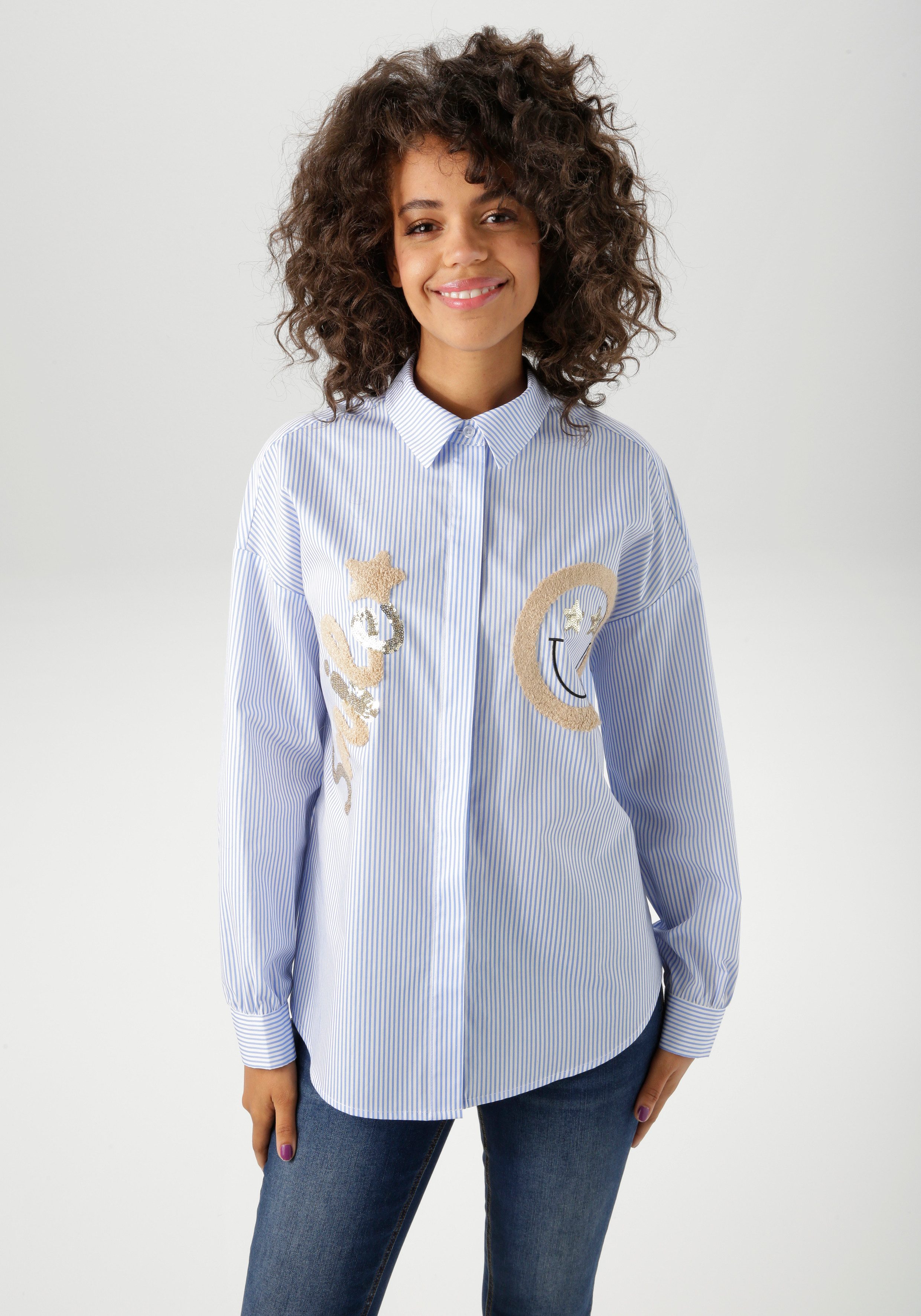 Aniston CASUAL Hemdbluse mit Pailletten verzierte Smiley-Applikationen - NEUE KOLLEKTION