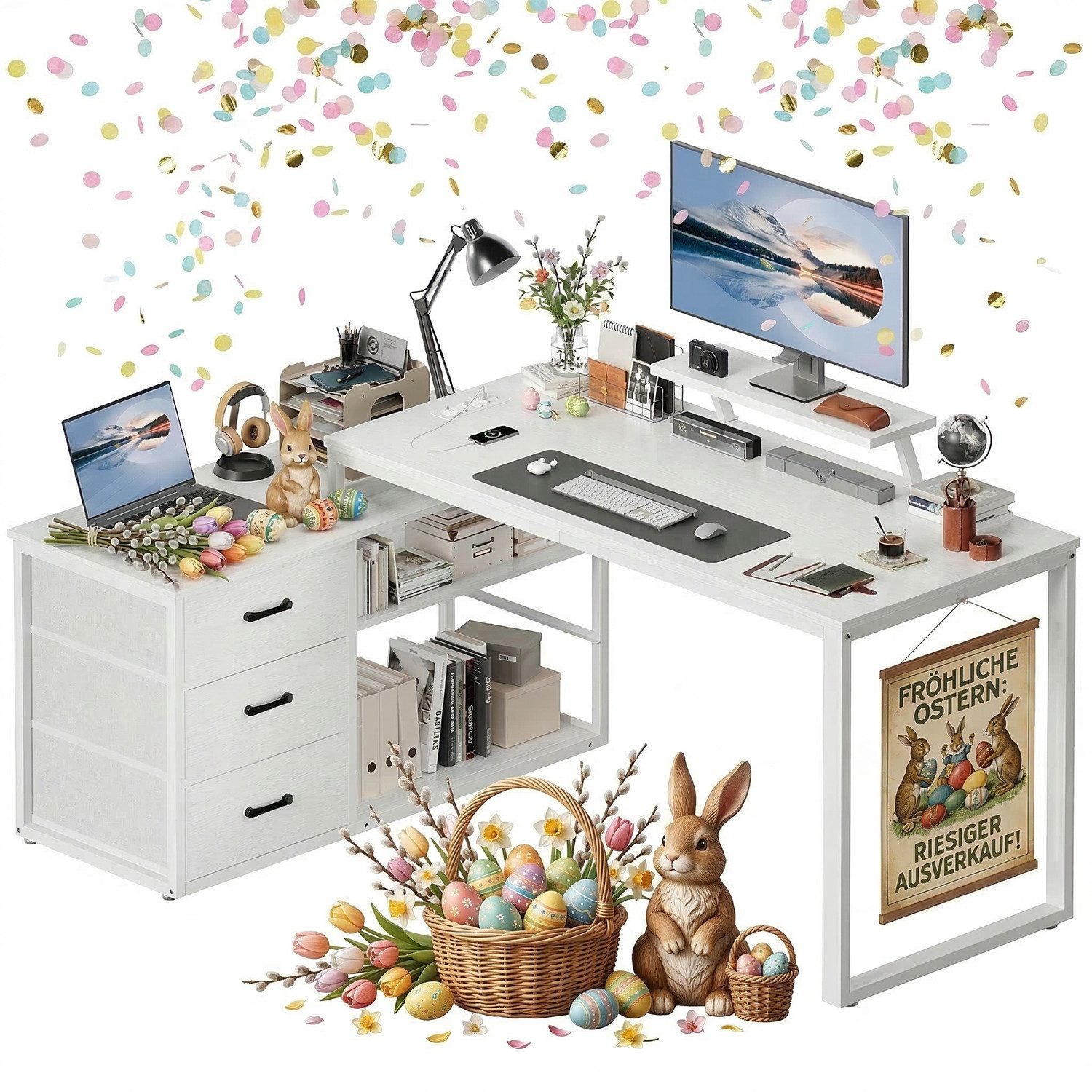 HOMALL Schreibtisch L-förmiger Eckschreibtisch mit USB-Anschluss und zwei Steckdosen. (140 x 100 x 75 cm, mit Monitorständer und Beleuchtung, L-förmiger Schreibtisch/Gaming-Tisch, umwandelbar in einen I-förmigen Schreibtisch, mit drei Schubladen und zwei Fächern)