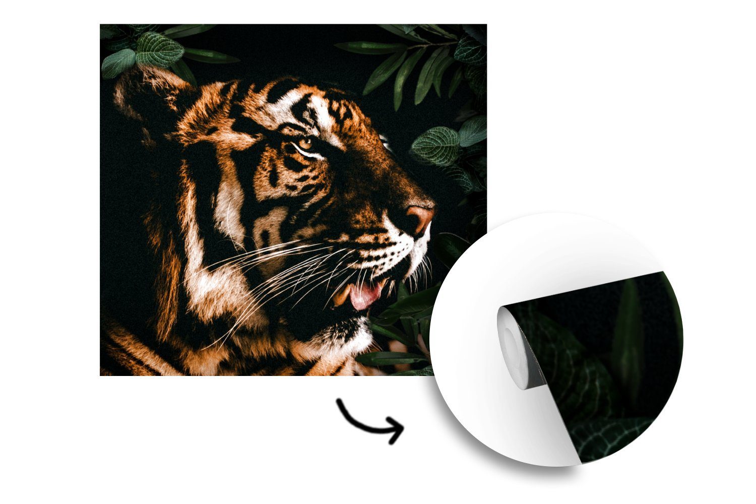 MuchoWow Fototapete Tiger - Vinyl für Matt, - Blätter Wohnzimmer Wandtapete Tapete Schlafzimmer, bedruckt, (5 Tier, St), oder