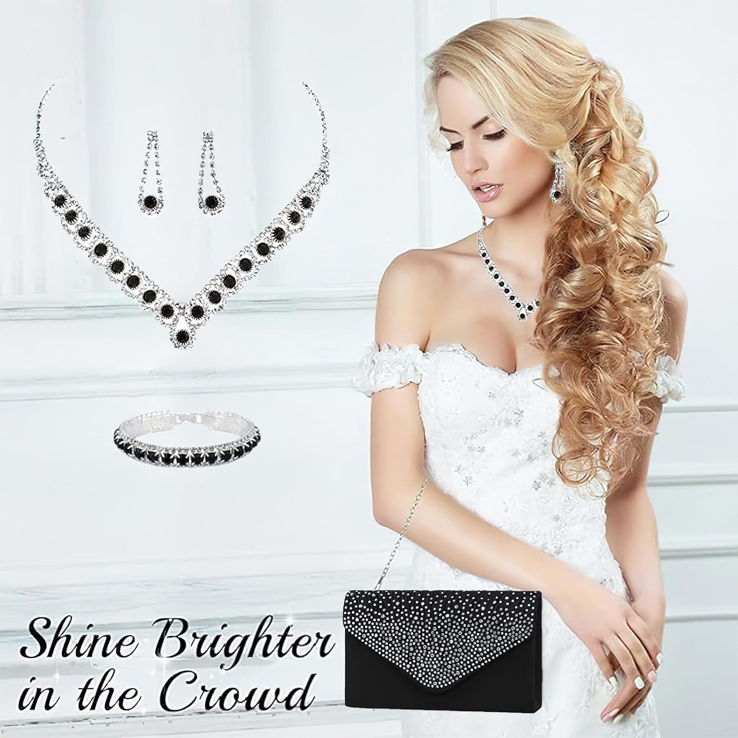 Bextsrack Schmuckset Hochzeits- und Abendessen-Schmuck-Set, Halskette, Ohrringe, Armband und Handtasche