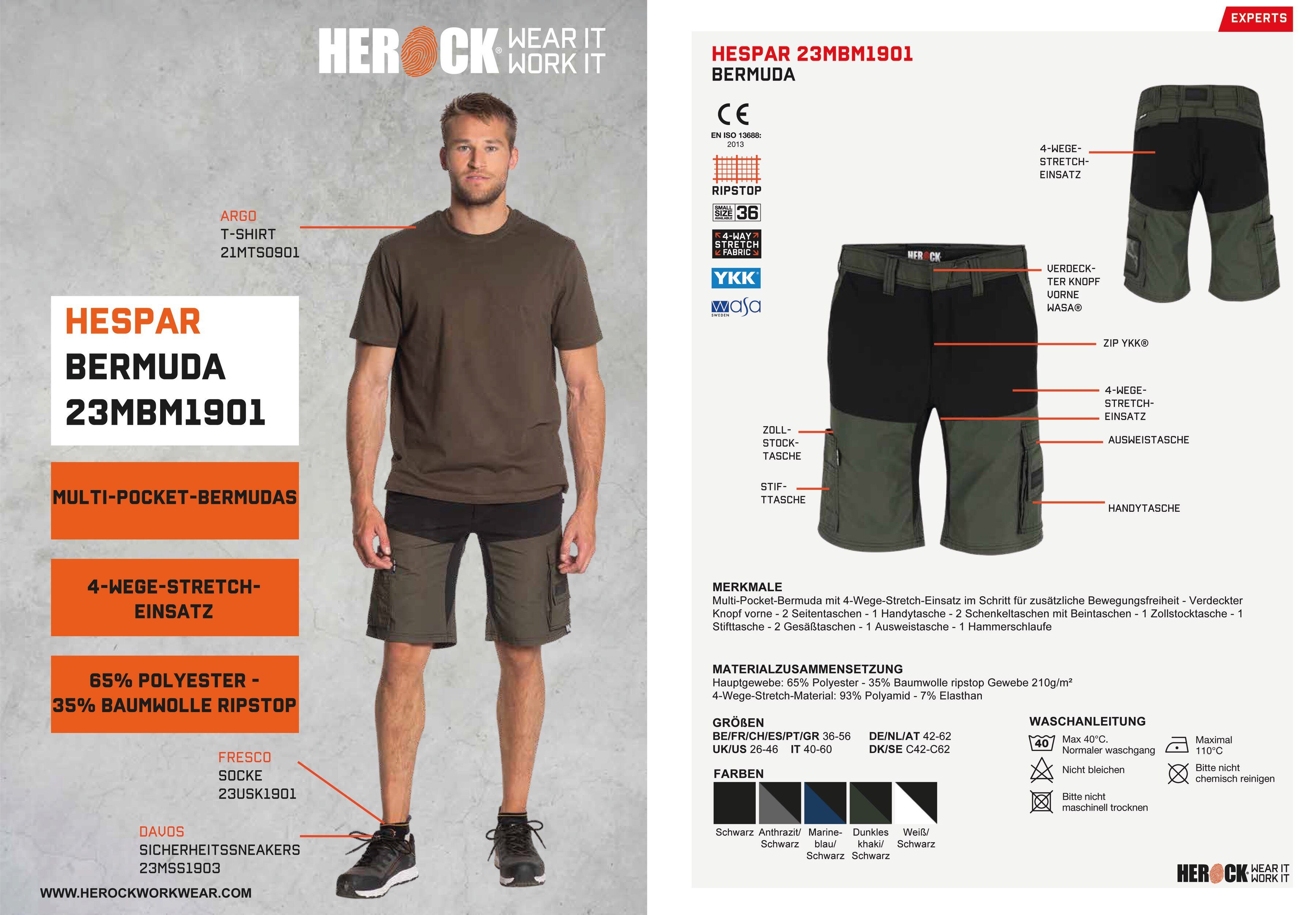 Multi-Pocket mit Herock HESPAR (1) BERMUDAS 4-Wege-Stretch, Arbeitshose Komfortabel, khaki Hammerschlaufe