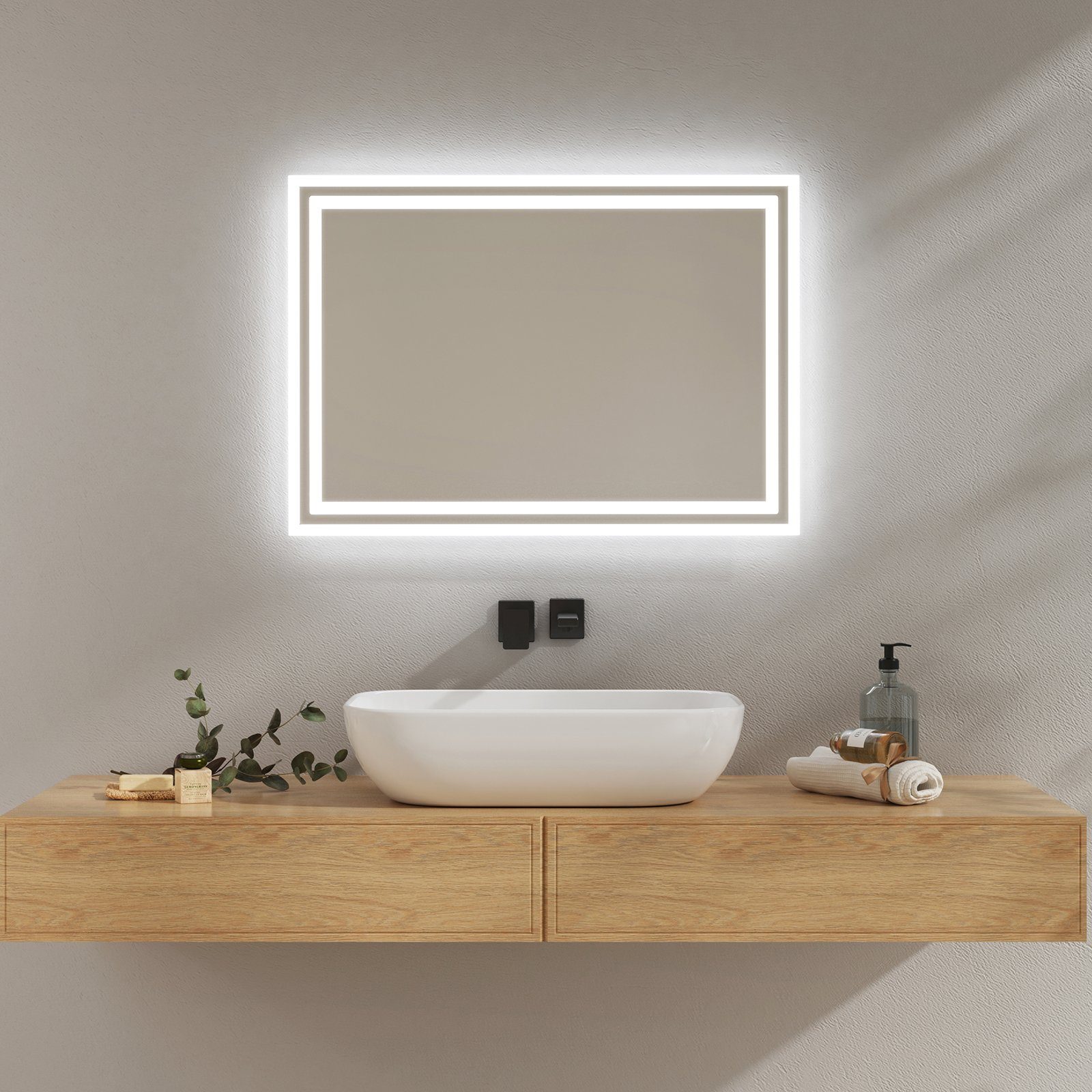 EMKE Badspiegel mit Beleuchtung LED Badezimmerspiegel Wandspiegel (Modell 4, Vertikal Horizontal möglich, Druckknopfschalter), Beschlagfrei, 2 Lichtfarben IP44