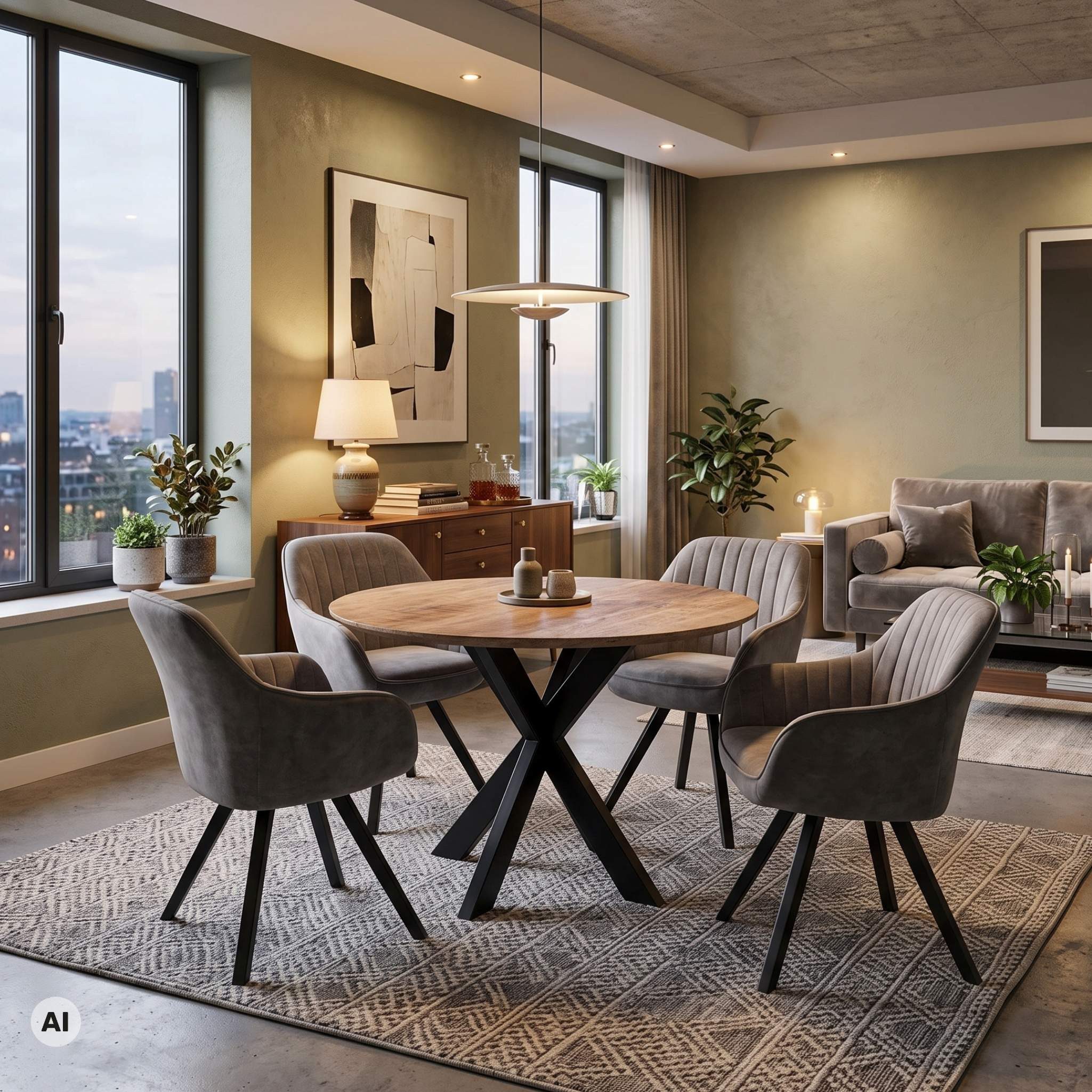 MR.DEKO Esszimmer-Set Essgruppe Esstisch rund 110cm mit 4 Esszimmerstühlen mouse grey Matera, (Küchenmöbel für 4-6 Personen, 5-St), Drehbare Sessel, Massives Holz