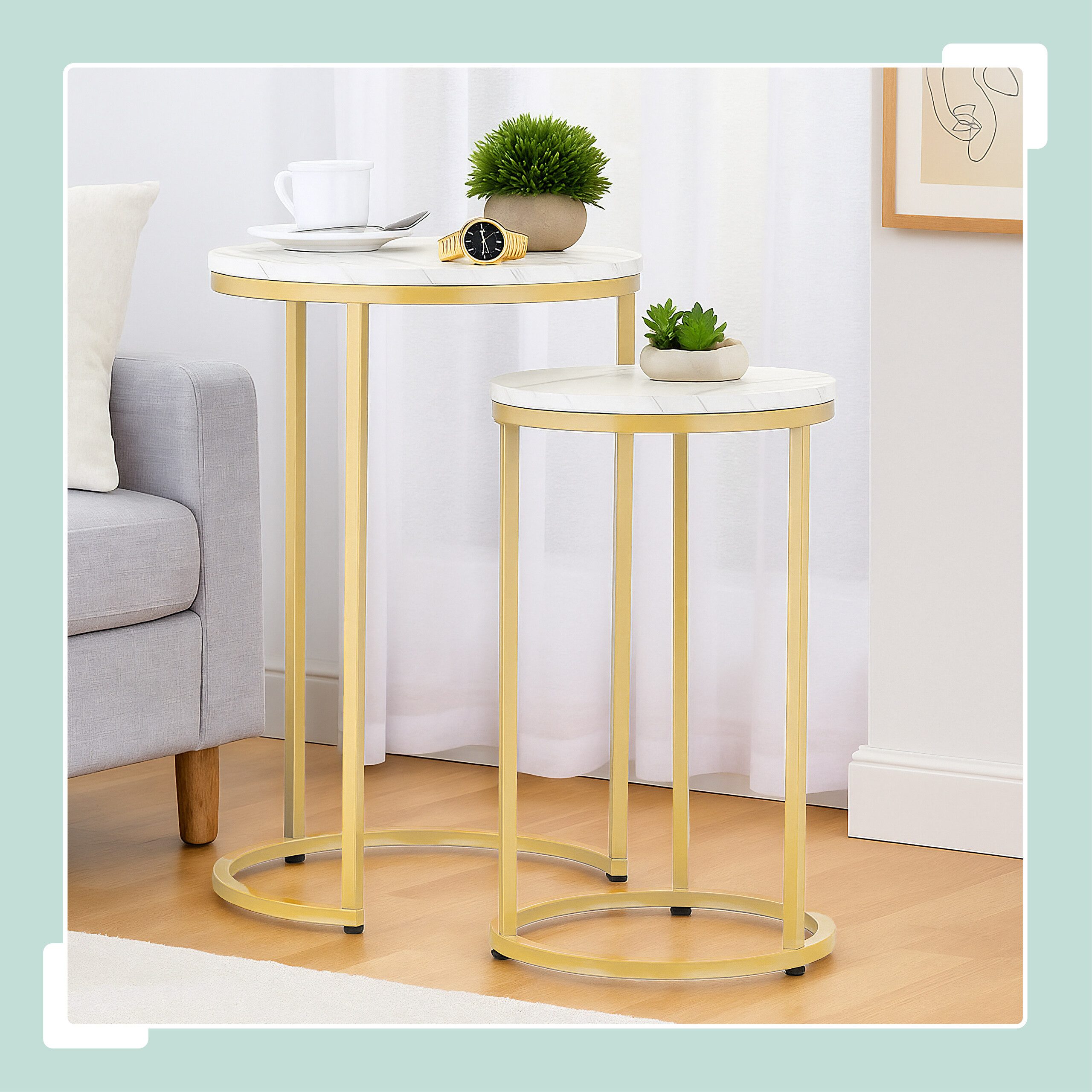 relaxdays Satztisch 2er Set Marmoroptik & Metall (2er Set), Weiß/Gold