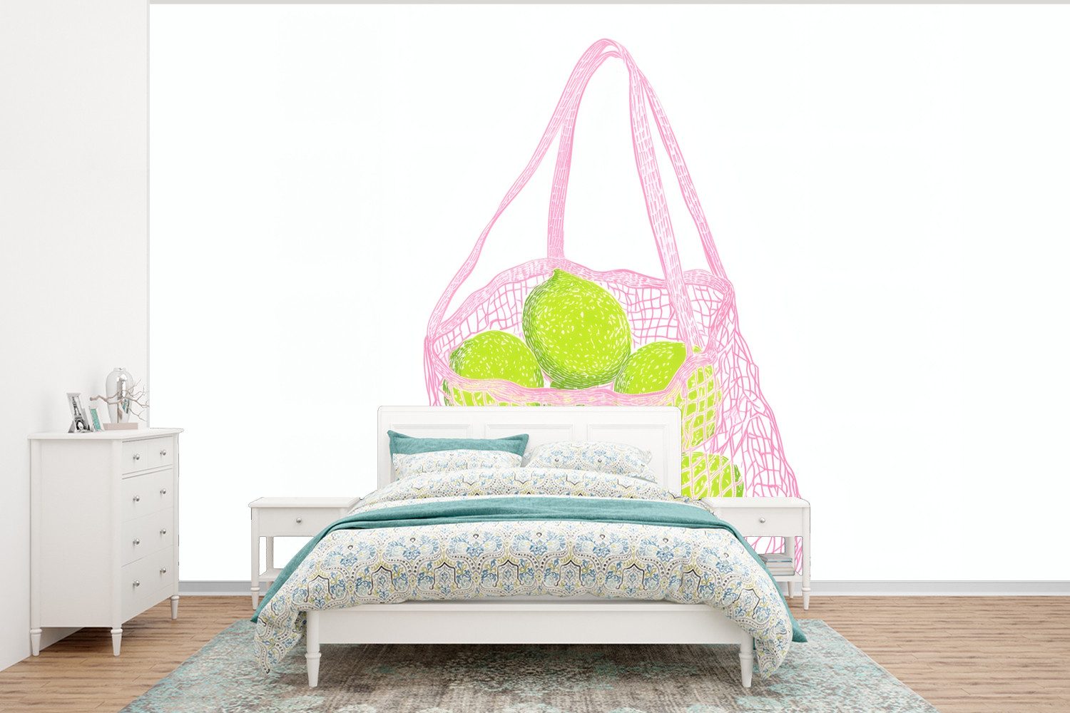 MuchoWow Fototapete Netztasche - Rosa - Illustration - Limetten, Matt, bedruckt, Wallpaper für Wohnzimmer, Schlafzimmer, Vinyl Tapete, 295x220 cm