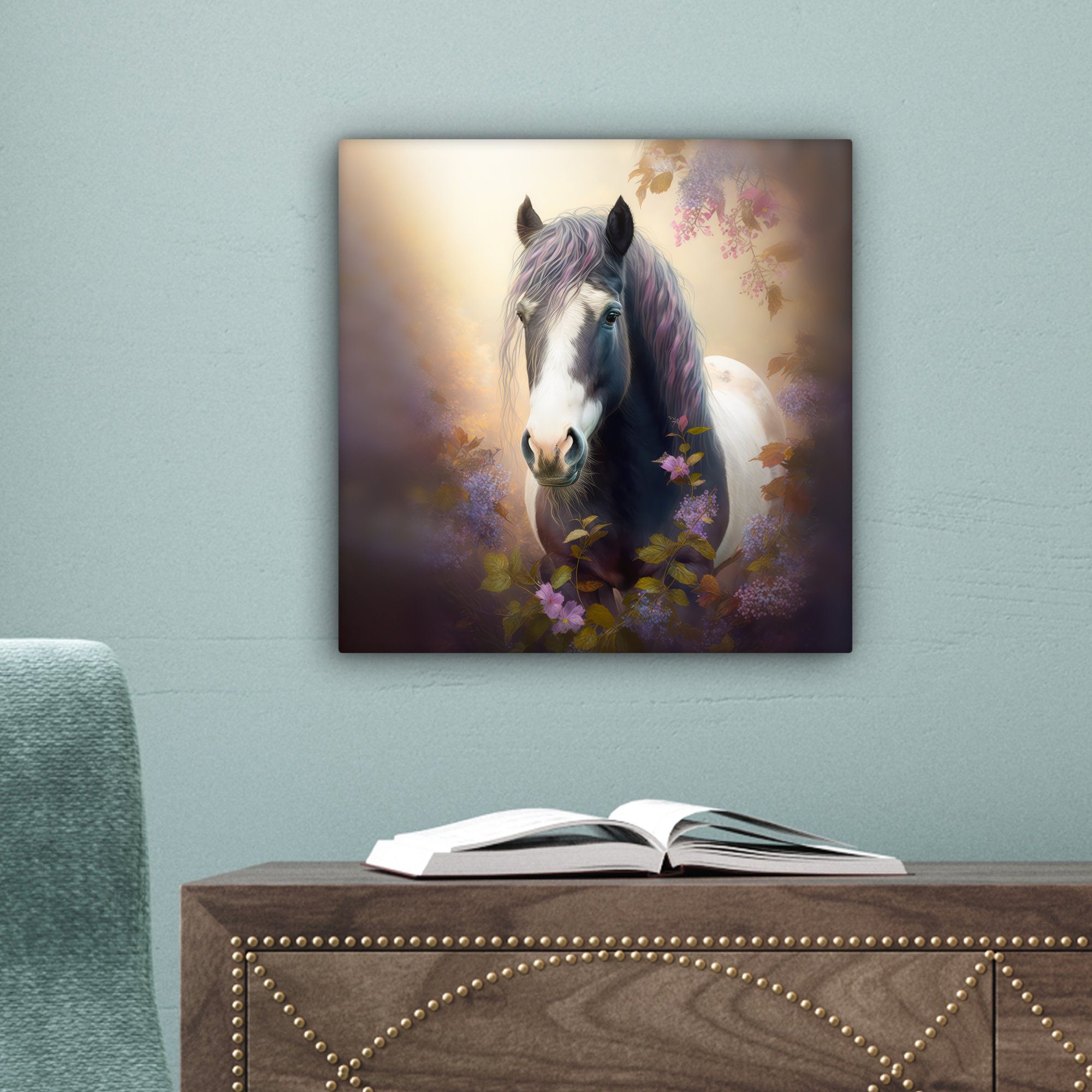 OneMillionCanvasses® Leinwandbild Pferd - Natur - Bilder für (1 Schlafzimmer, - St), Lila, - 20x20 Blumen Tiere cm Wohnzimmer Leinwand