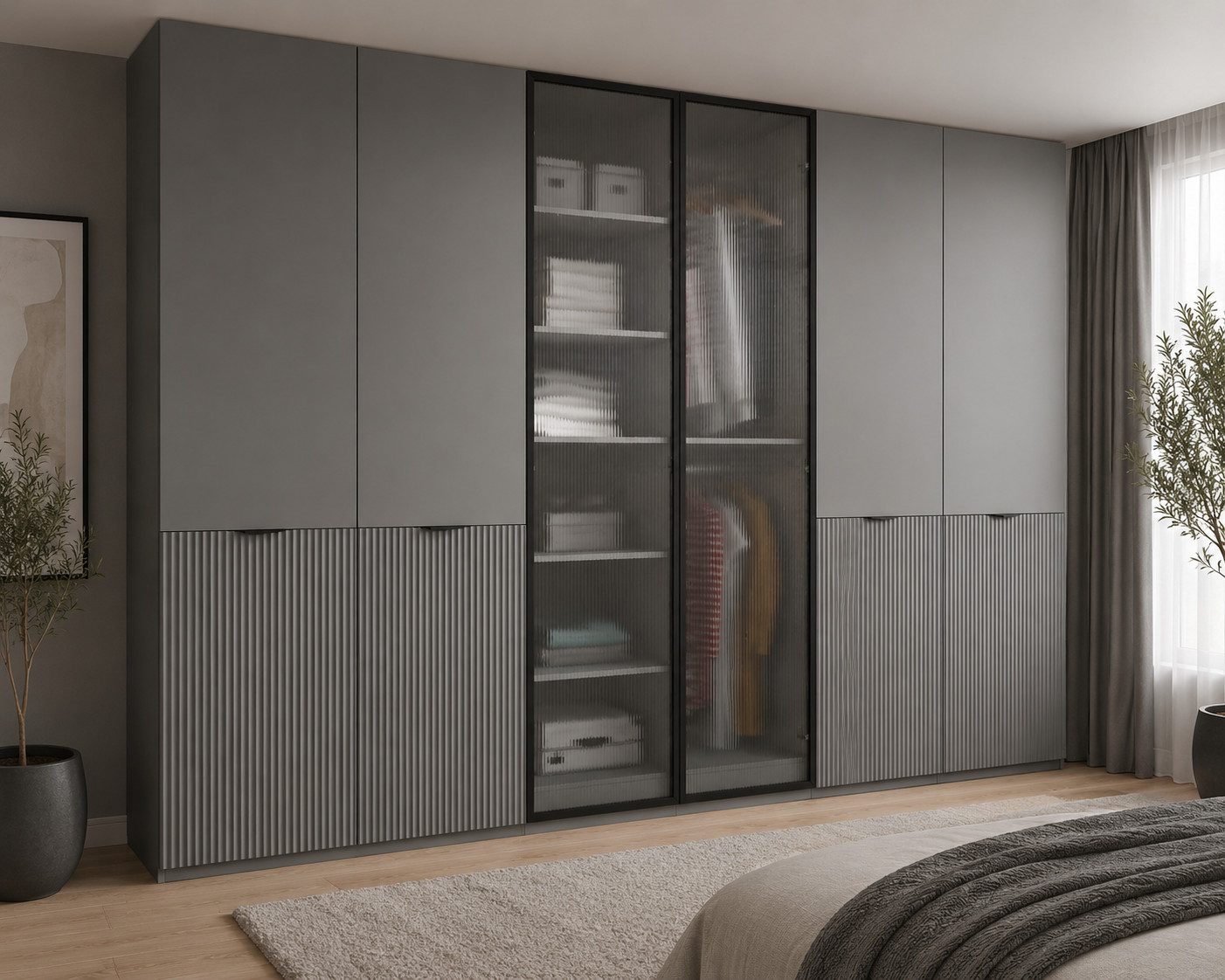 MOEBLO Drehtürenschrank MINEWRA FLUTES 300 (6-türiger Kleiderschrank mit eleganten Glastüren, Moderner Schrank für Schlafzimmer und Garderobe, Robustes Design mit Rillenschliff-Glas und gefrästen Paneelen, Breite: 303 cm, Höhe: 200 cm, Tiefe: 49 cm, mit Glastüren)